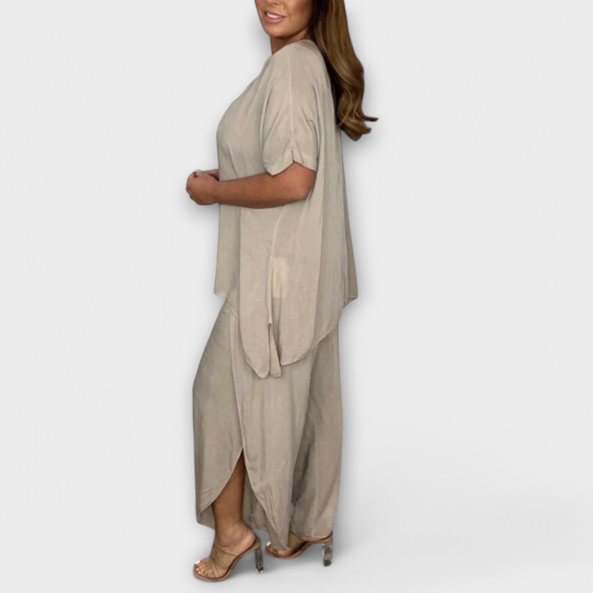 Women’s Two-Piece Set, Monochrome Cotton Blend, Short Sleeve Blouse with Round Neck, Loose Fit Long Trousers