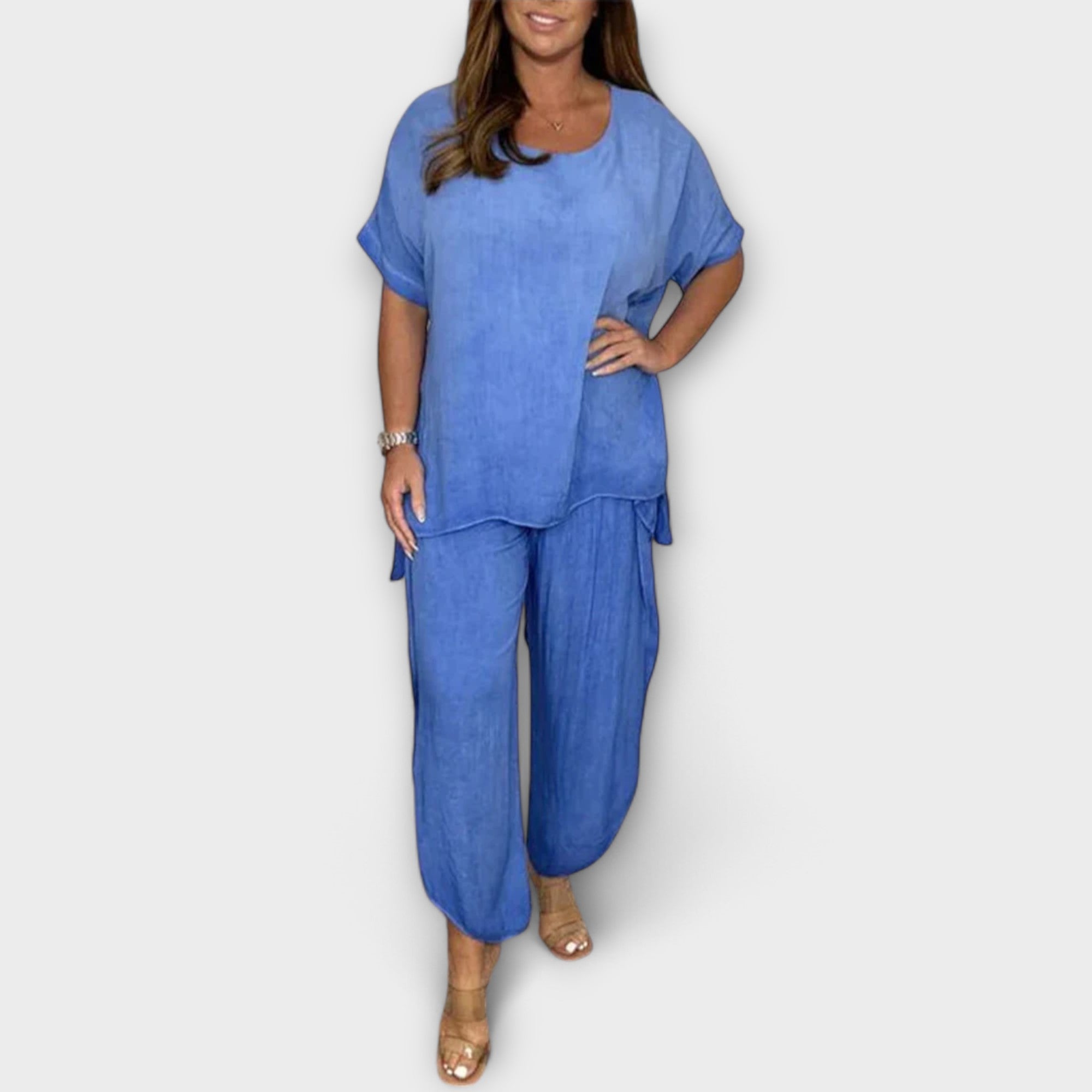 Women’s Two-Piece Set, Monochrome Cotton Blend, Short Sleeve Blouse with Round Neck, Loose Fit Long Trousers