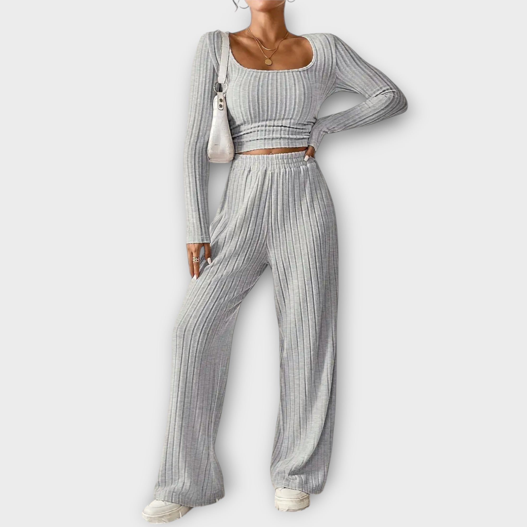 Women’s Two-Piece Set, Monochrome Long Sleeve Crop Top and Wide-Leg Trousers, Polyester Blend, Fitted and Relaxed Fit