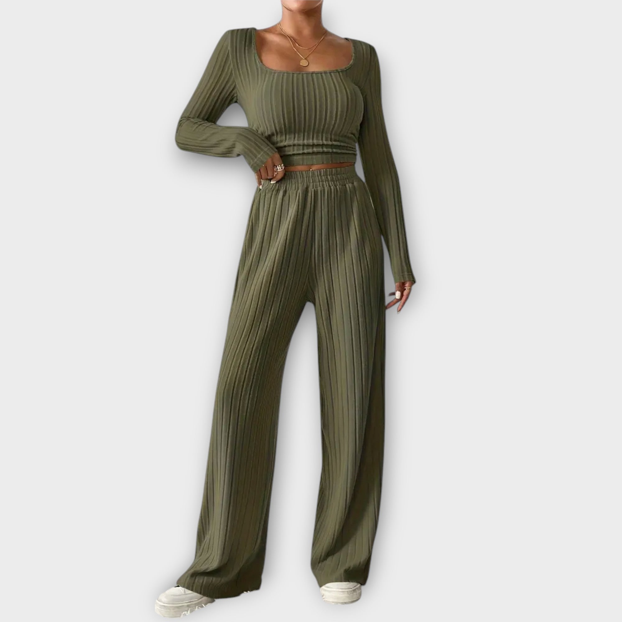 Women’s Two-Piece Set, Monochrome Long Sleeve Crop Top and Wide-Leg Trousers, Polyester Blend, Fitted and Relaxed Fit