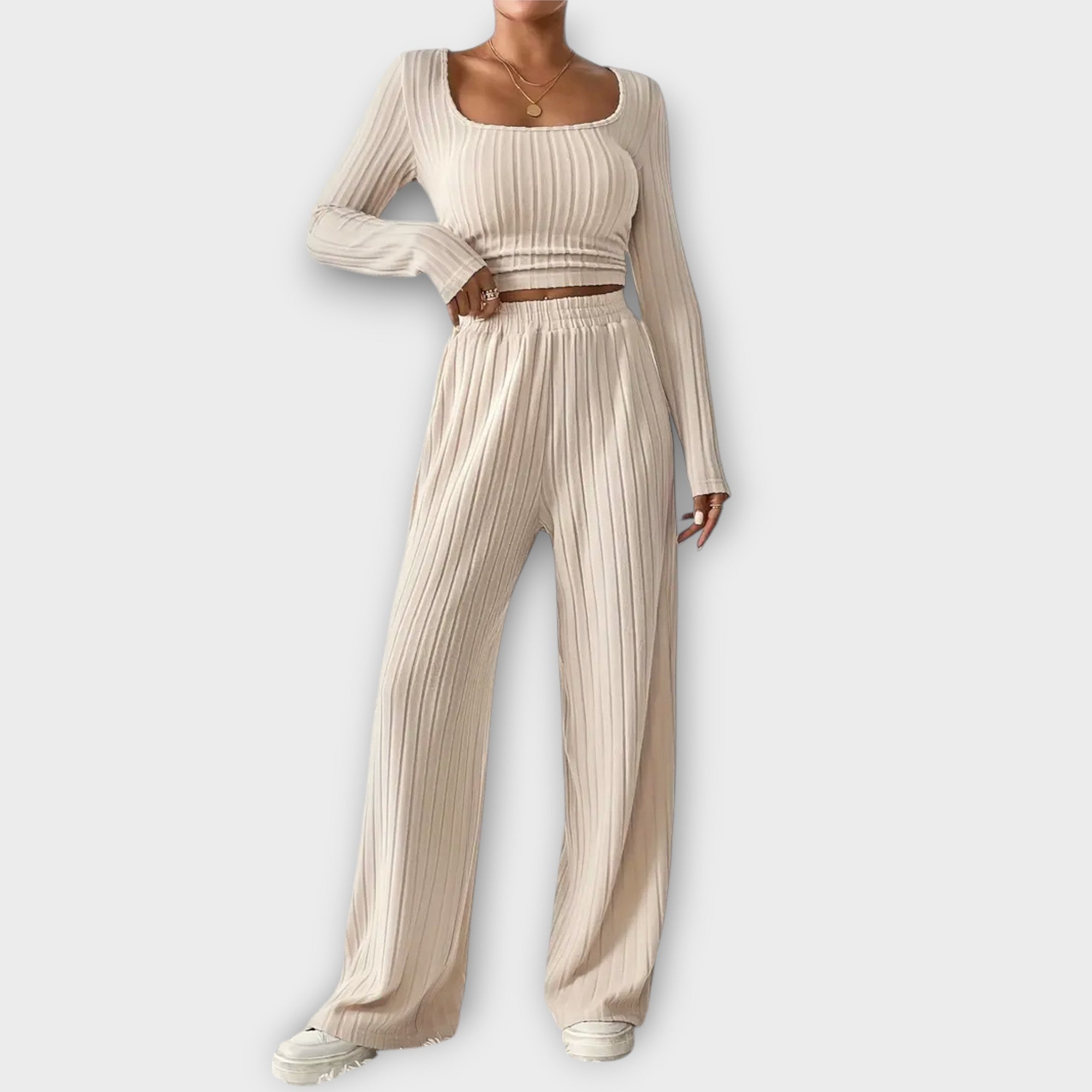 Women’s Two-Piece Set, Monochrome Long Sleeve Crop Top and Wide-Leg Trousers, Polyester Blend, Fitted and Relaxed Fit