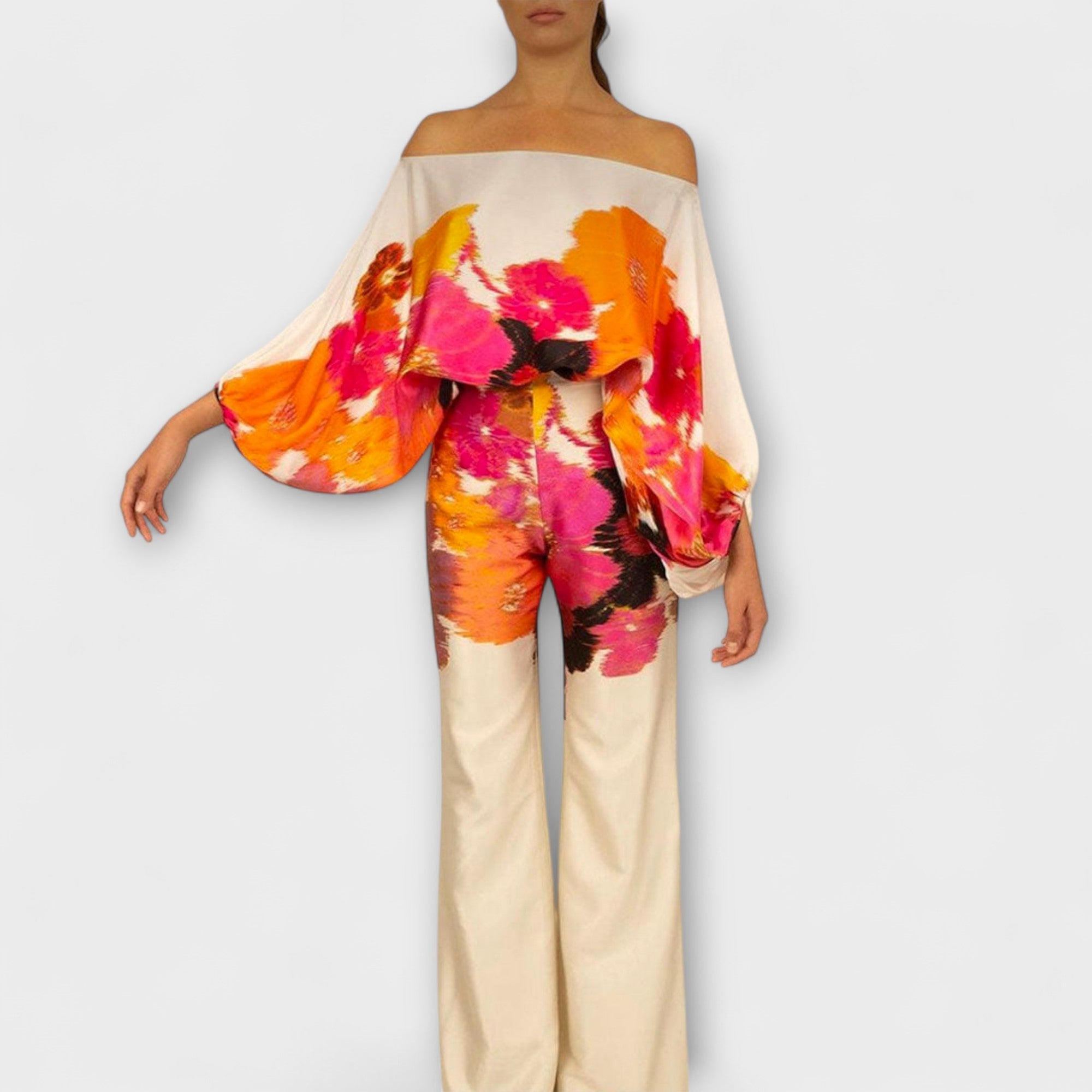 Women’s Two-Piece Set, Printed, Strapless Lantern Sleeves Top, Wide-Leg Trousers