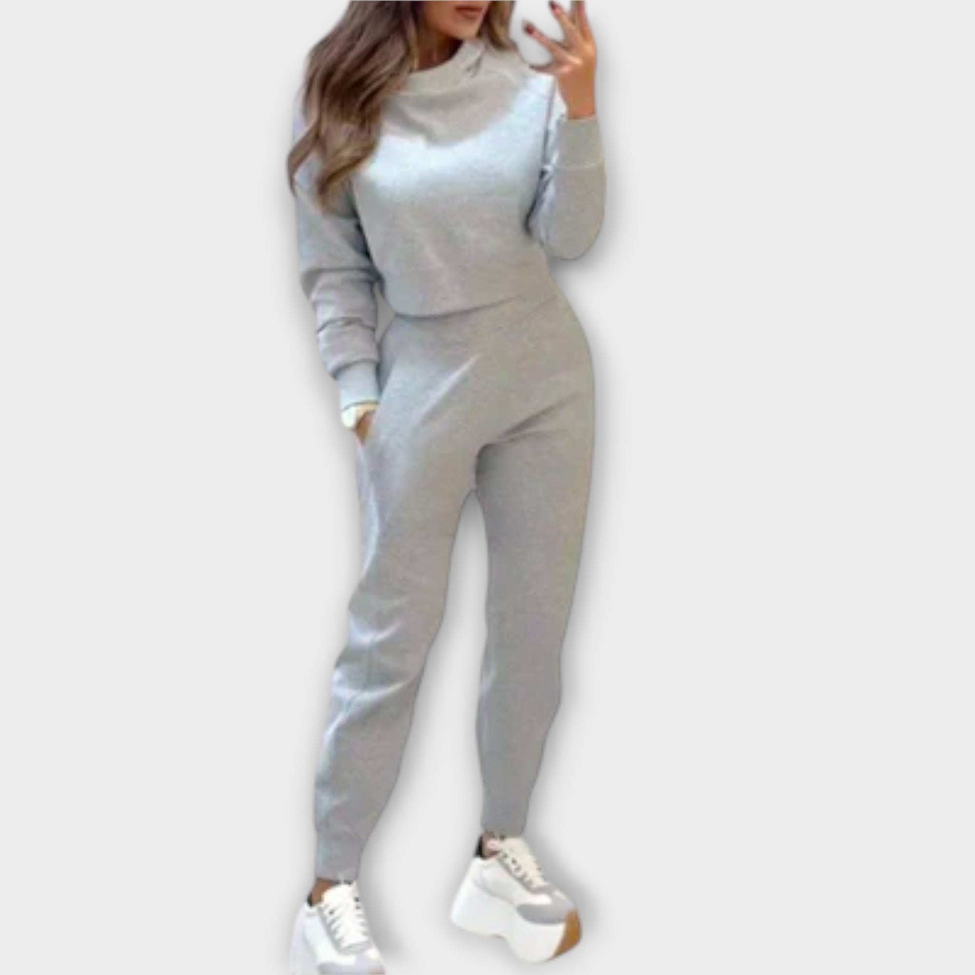 Women’s Two-Piece Set, Pullover and Jogging Trousers, Neutral Color, Breathable Fabric, Relaxed Fit