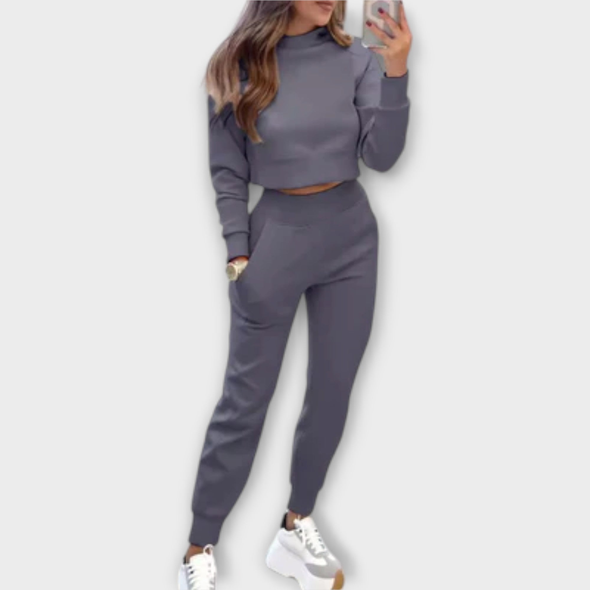 Women’s Two-Piece Set, Pullover and Jogging Trousers, Neutral Color, Breathable Fabric, Relaxed Fit