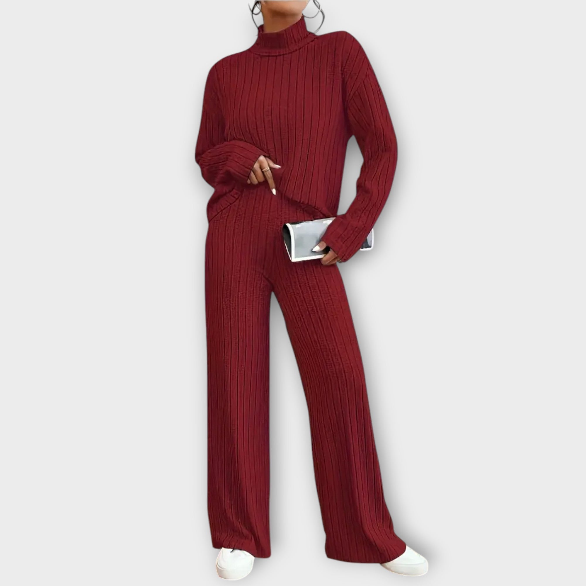 Women’s Two-Piece Set, Ribbed Monochrome, High-Neck Short Sleeve Top, Wide-Leg Trousers, Comfortable Fit