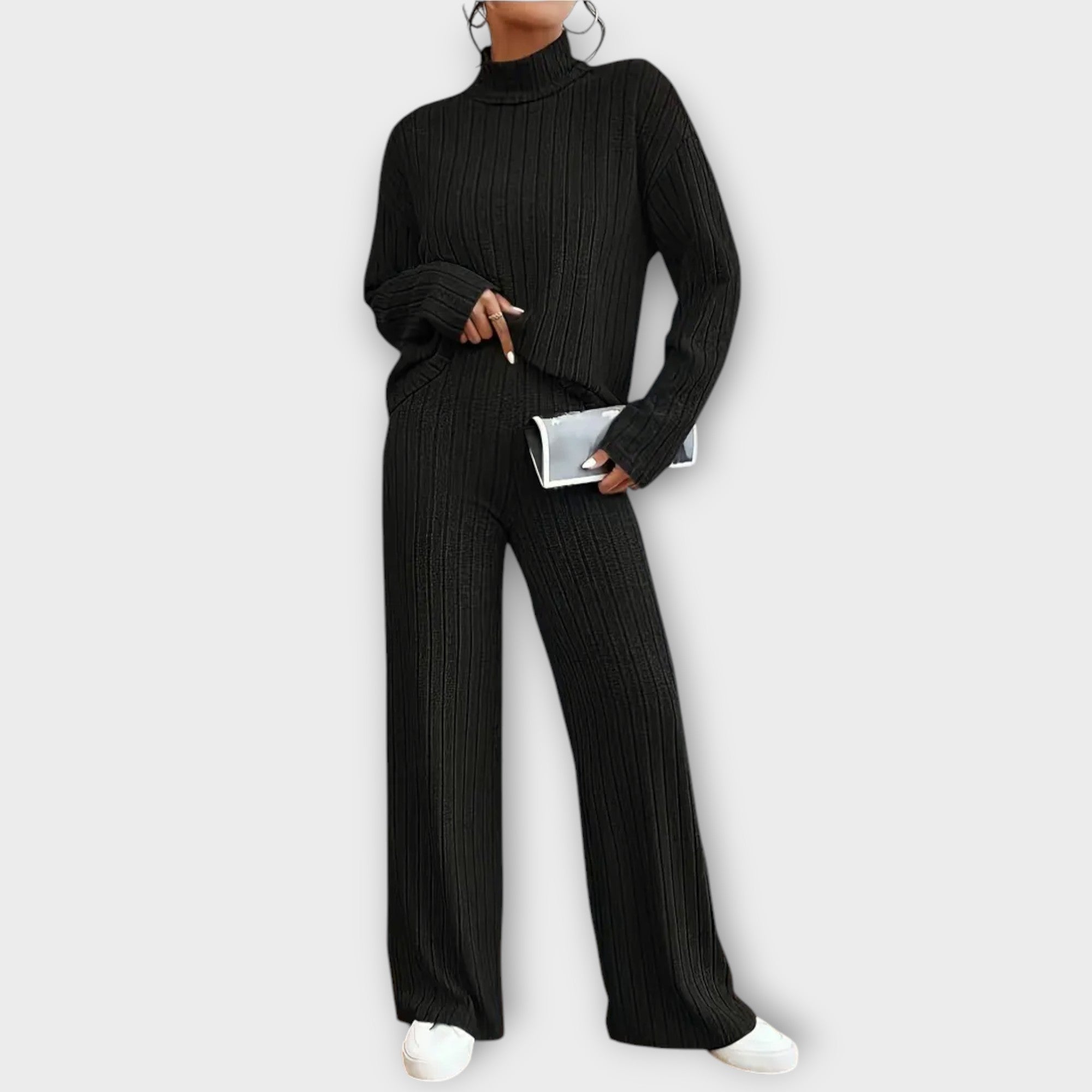 Women’s Two-Piece Set, Ribbed Monochrome, High-Neck Short Sleeve Top, Wide-Leg Trousers, Comfortable Fit