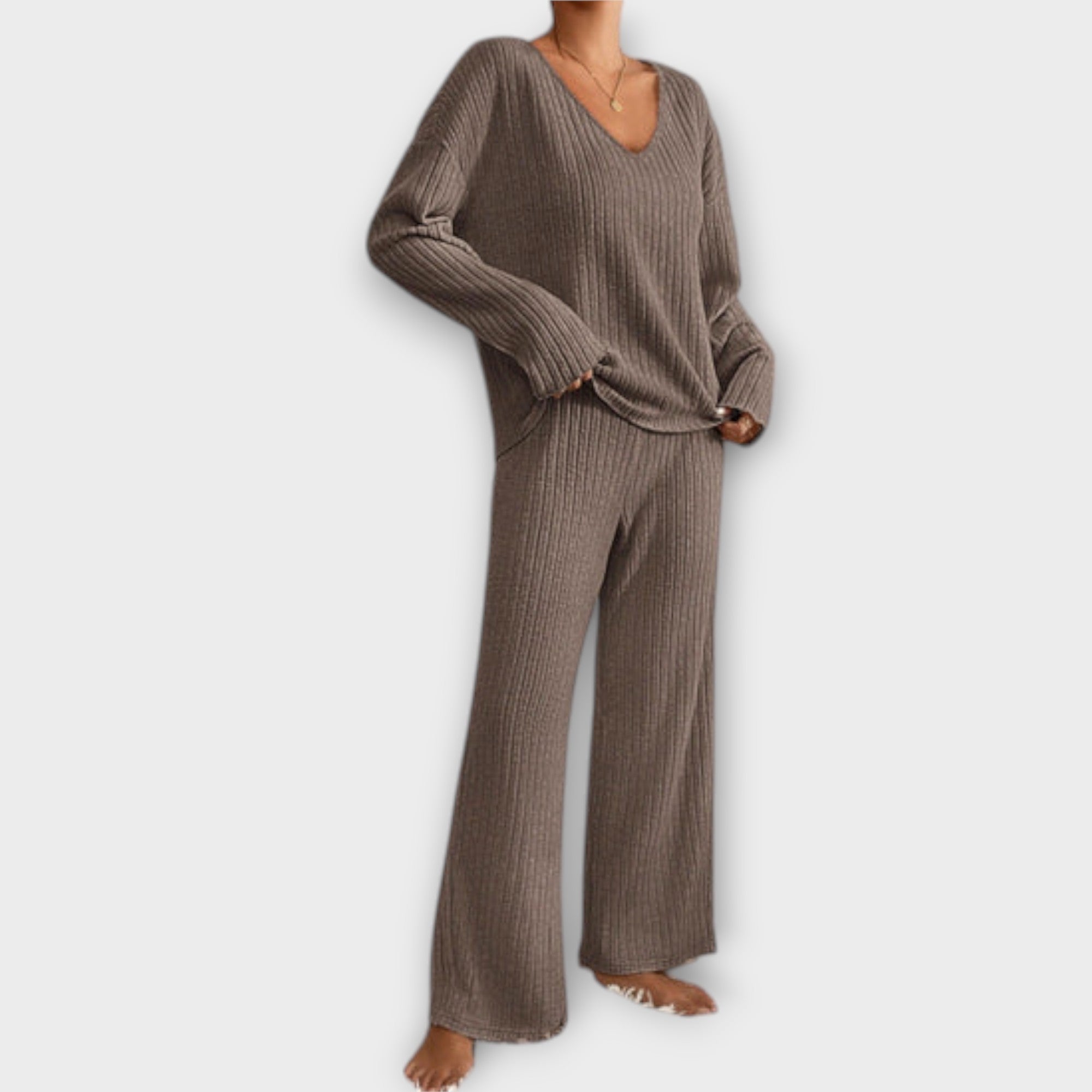 Women’s Two-Piece Set, Ribbed Polyester-Nylon Blend, Long Sleeve V-Neck Top, Relaxed Fit Trousers