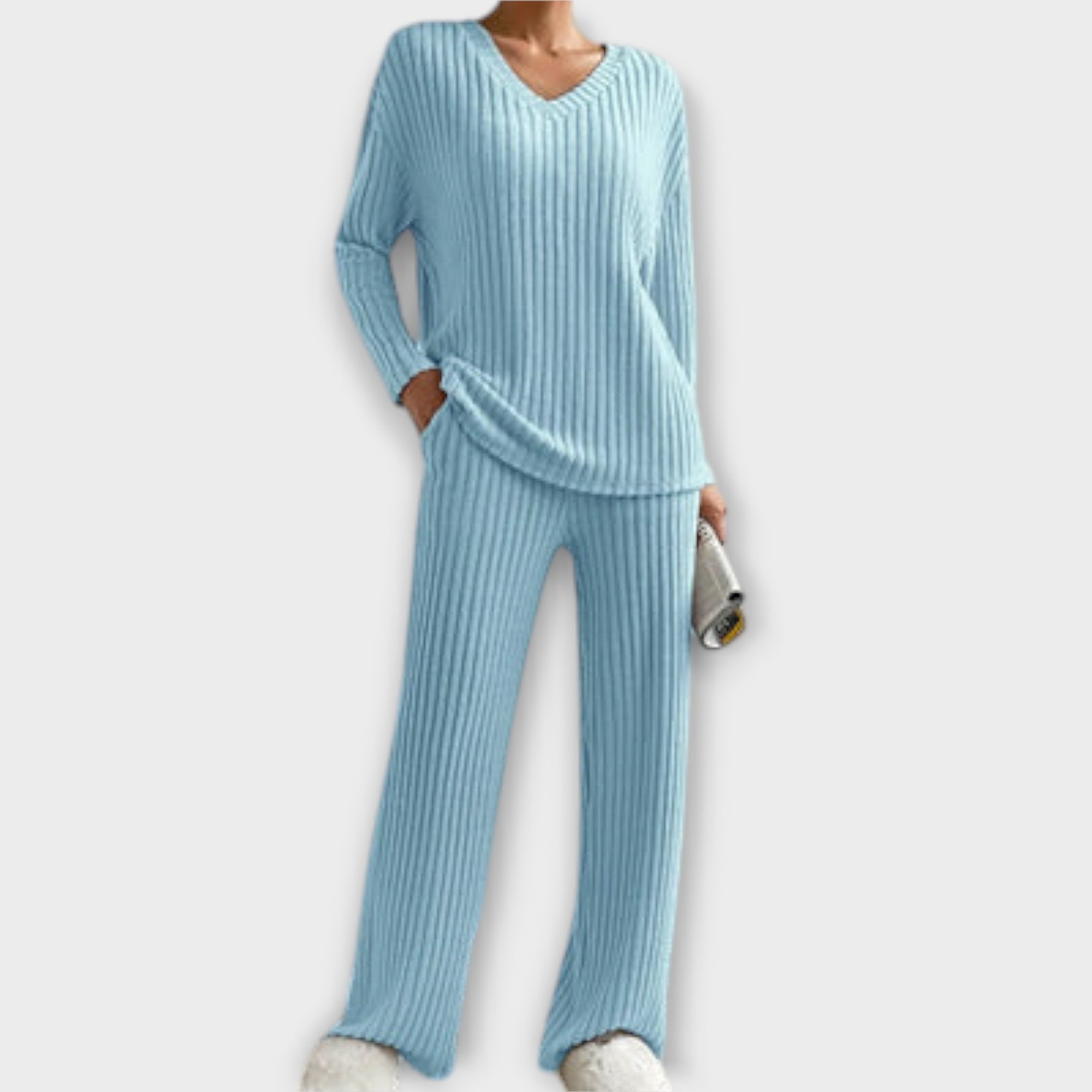 Women’s Two-Piece Set, Ribbed Polyester-Nylon Blend, Long Sleeve V-Neck Top, Relaxed Fit Trousers