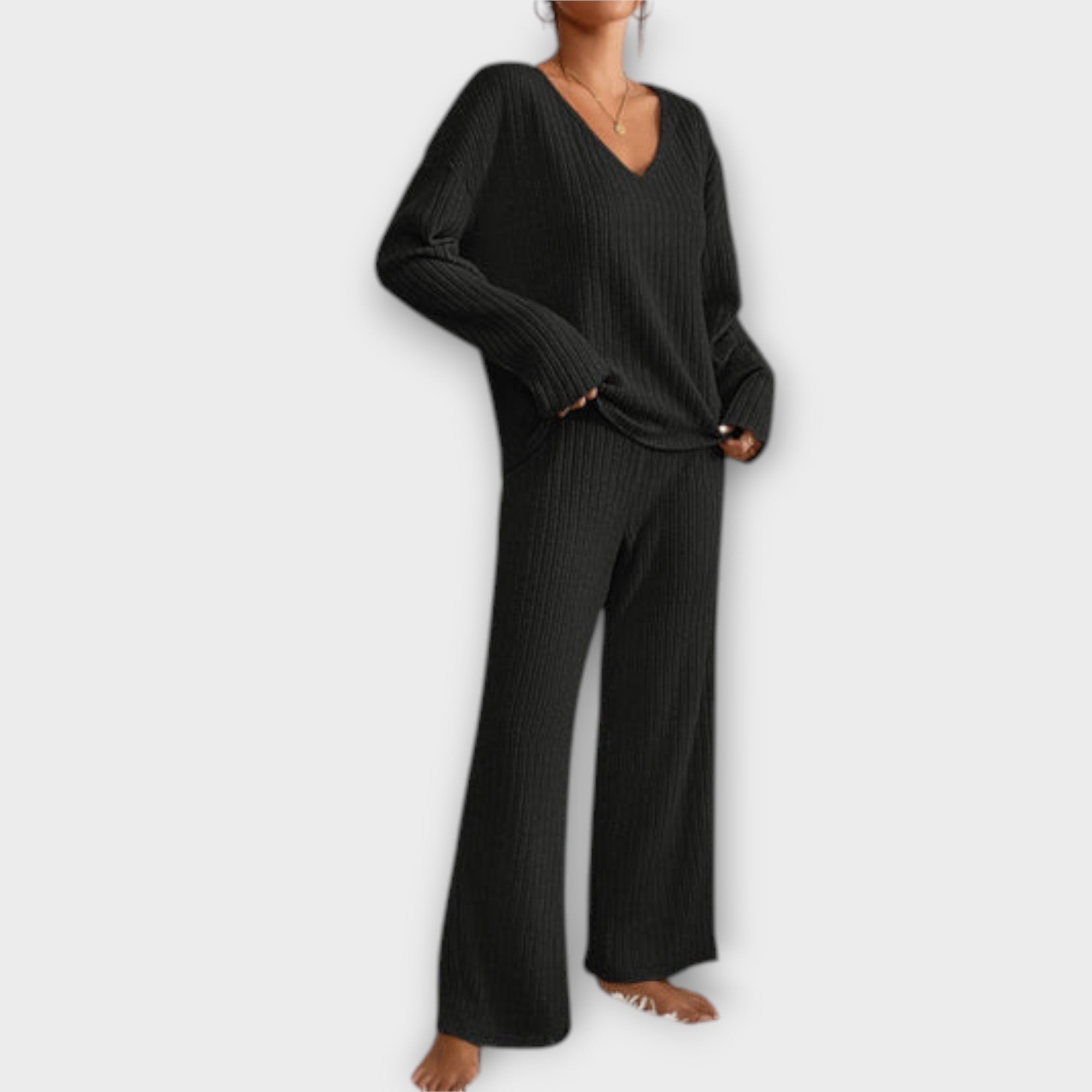 Women’s Two-Piece Set, Ribbed Polyester-Nylon Blend, Long Sleeve V-Neck Top, Relaxed Fit Trousers