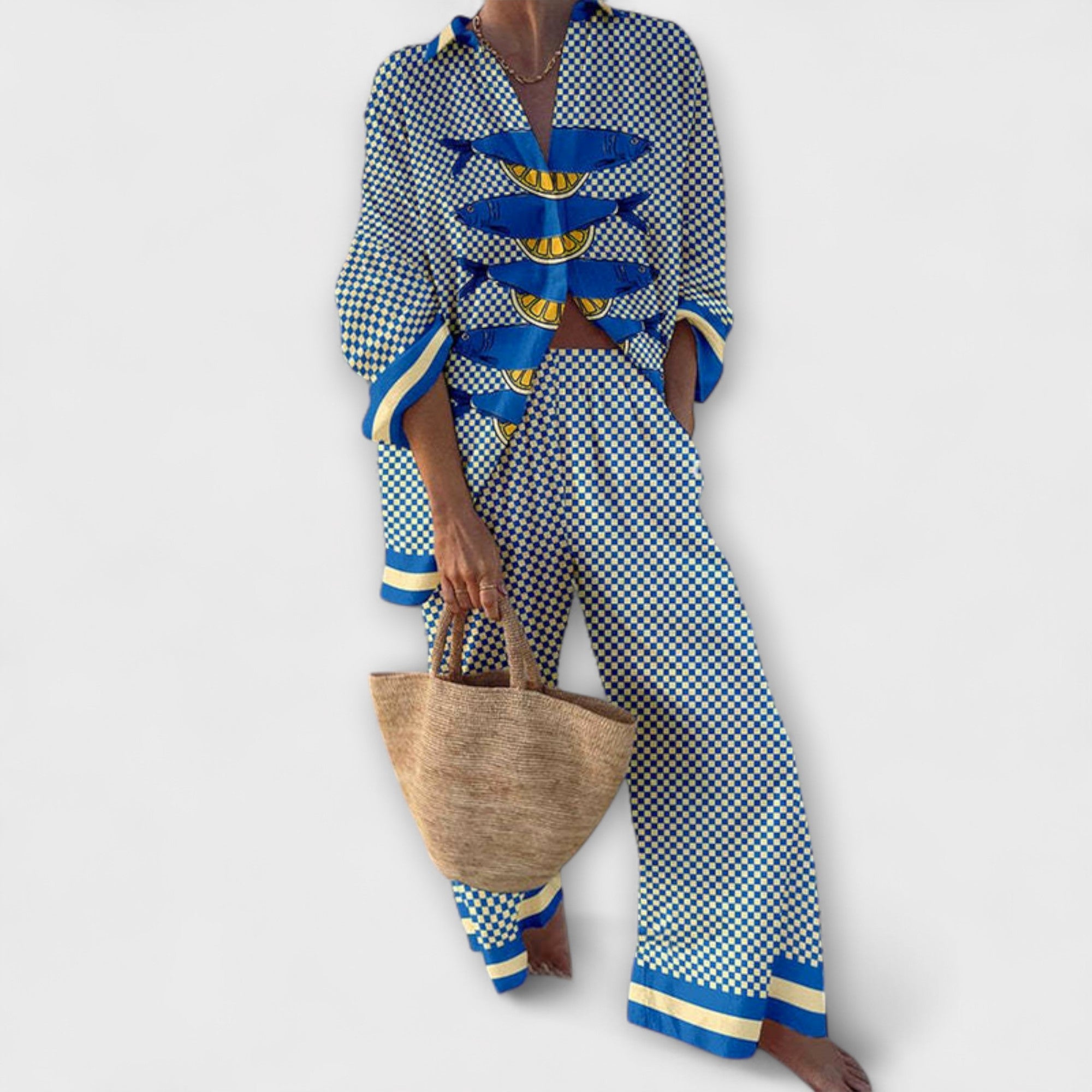 Women’s Two-Piece Set, Sardine and Lemon Print, Lightweight, Relaxed Fit