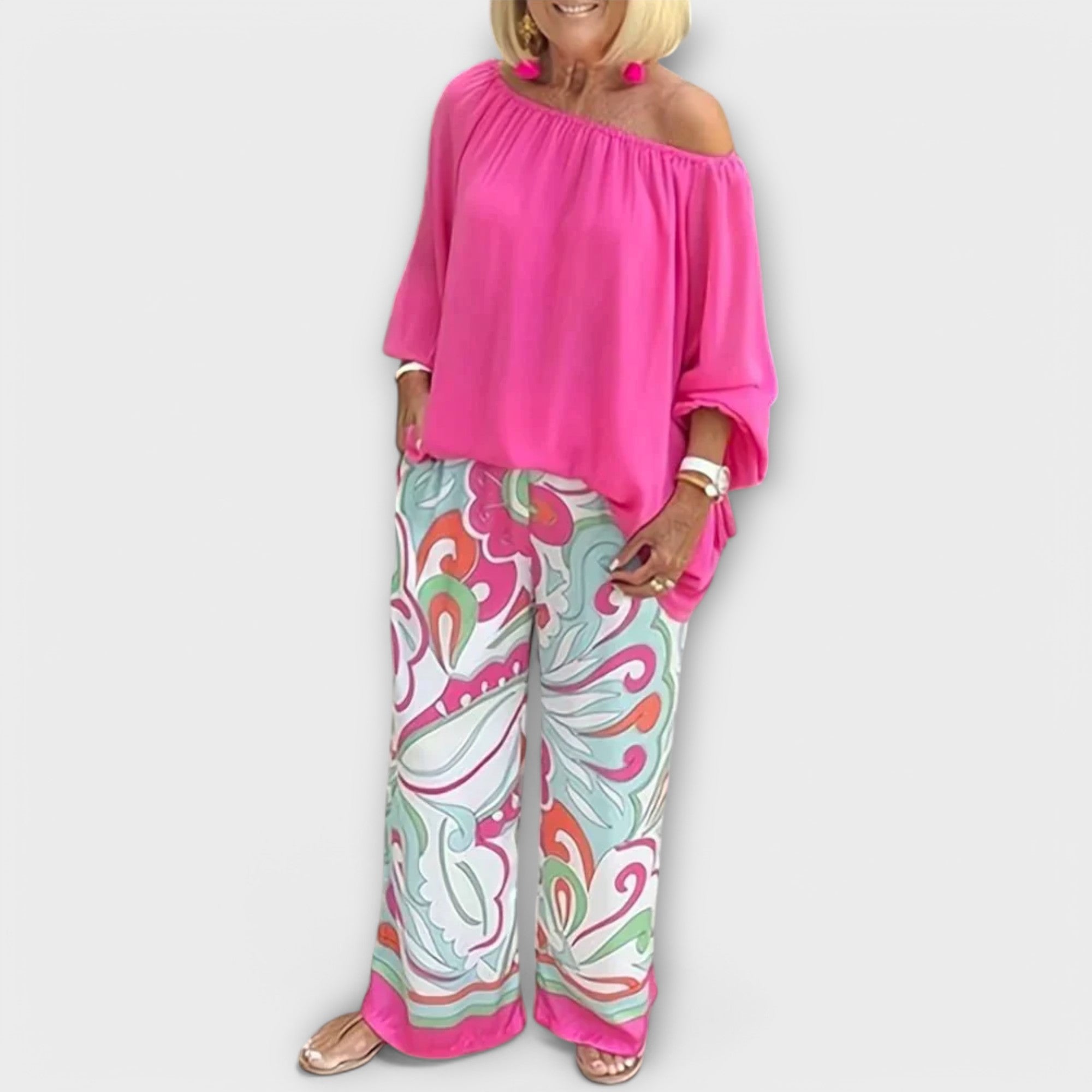 Women’s Two-Piece Set, Strapless Top with Loose Abstract Print Trousers, Lightweight Breathable Fabric