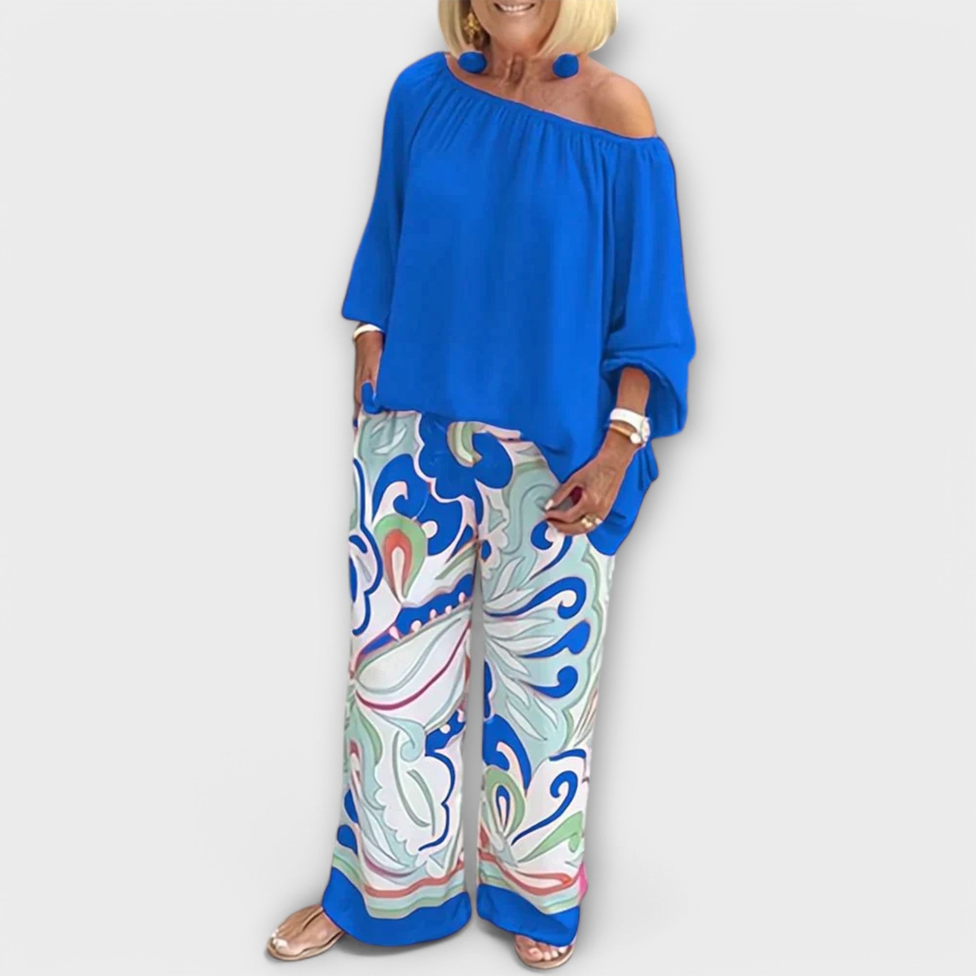 Women’s Two-Piece Set, Strapless Top with Loose Abstract Print Trousers, Lightweight Breathable Fabric