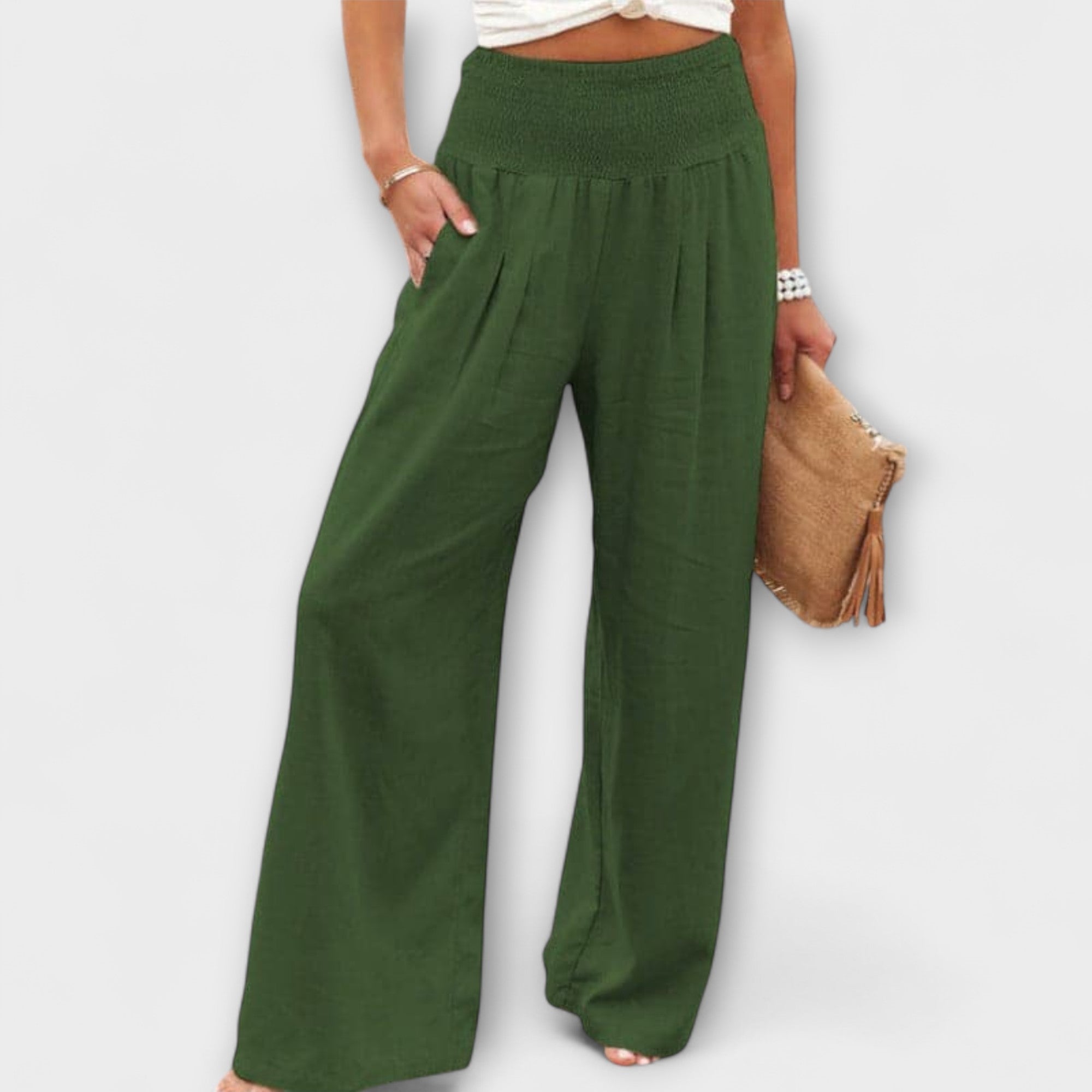 Women’s Wide Fit Trousers, Mid-Rise Waist, Cotton Linen Blend, Multiple Colors