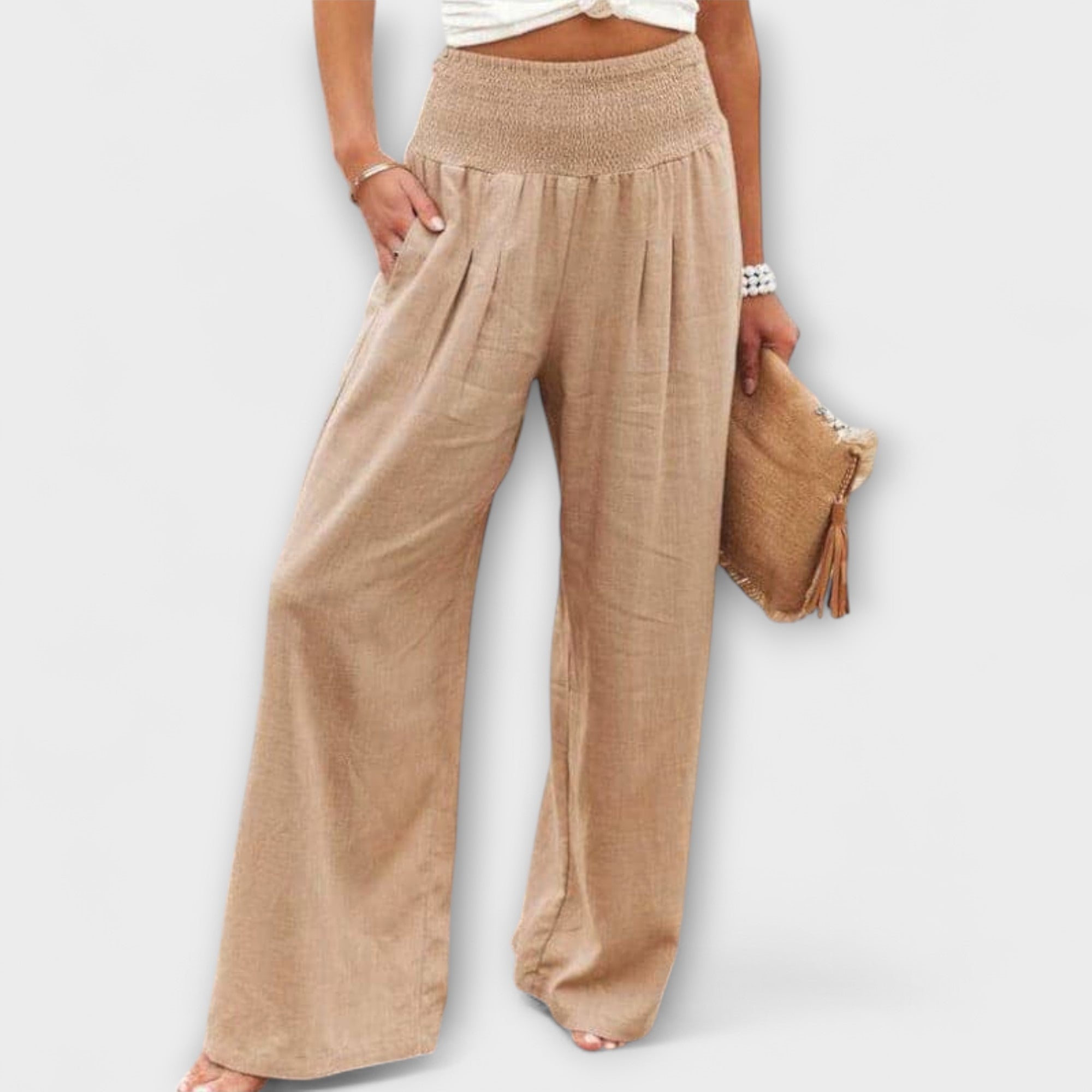 Women’s Wide Fit Trousers, Mid-Rise Waist, Cotton Linen Blend, Multiple Colors