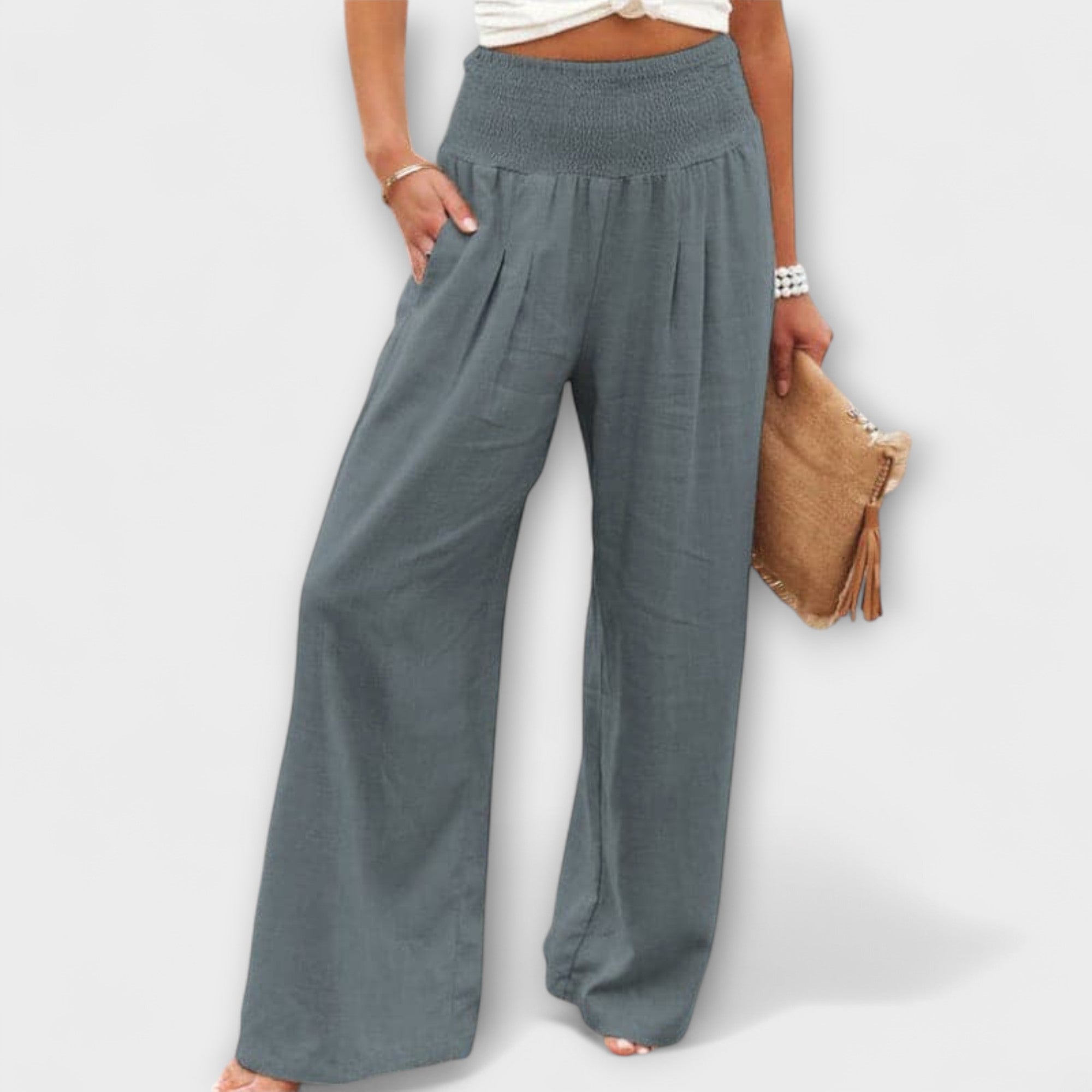 Women’s Wide Fit Trousers, Mid-Rise Waist, Cotton Linen Blend, Multiple Colors