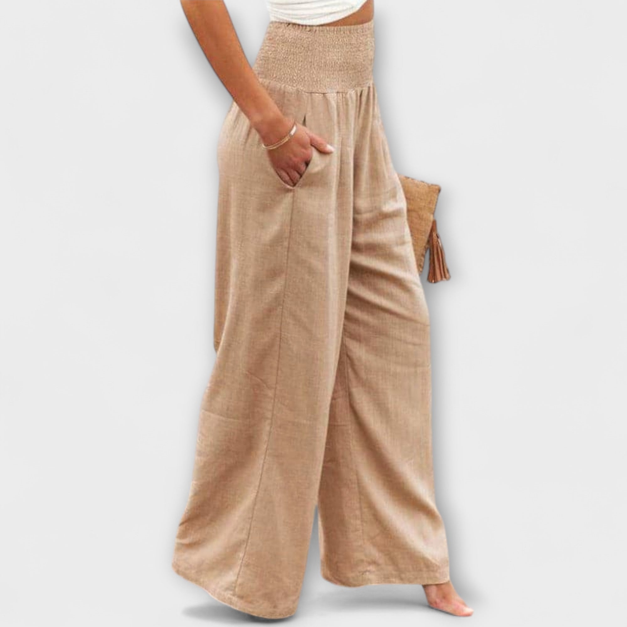 Women’s Wide Fit Trousers, Mid-Rise Waist, Cotton Linen Blend, Multiple Colors