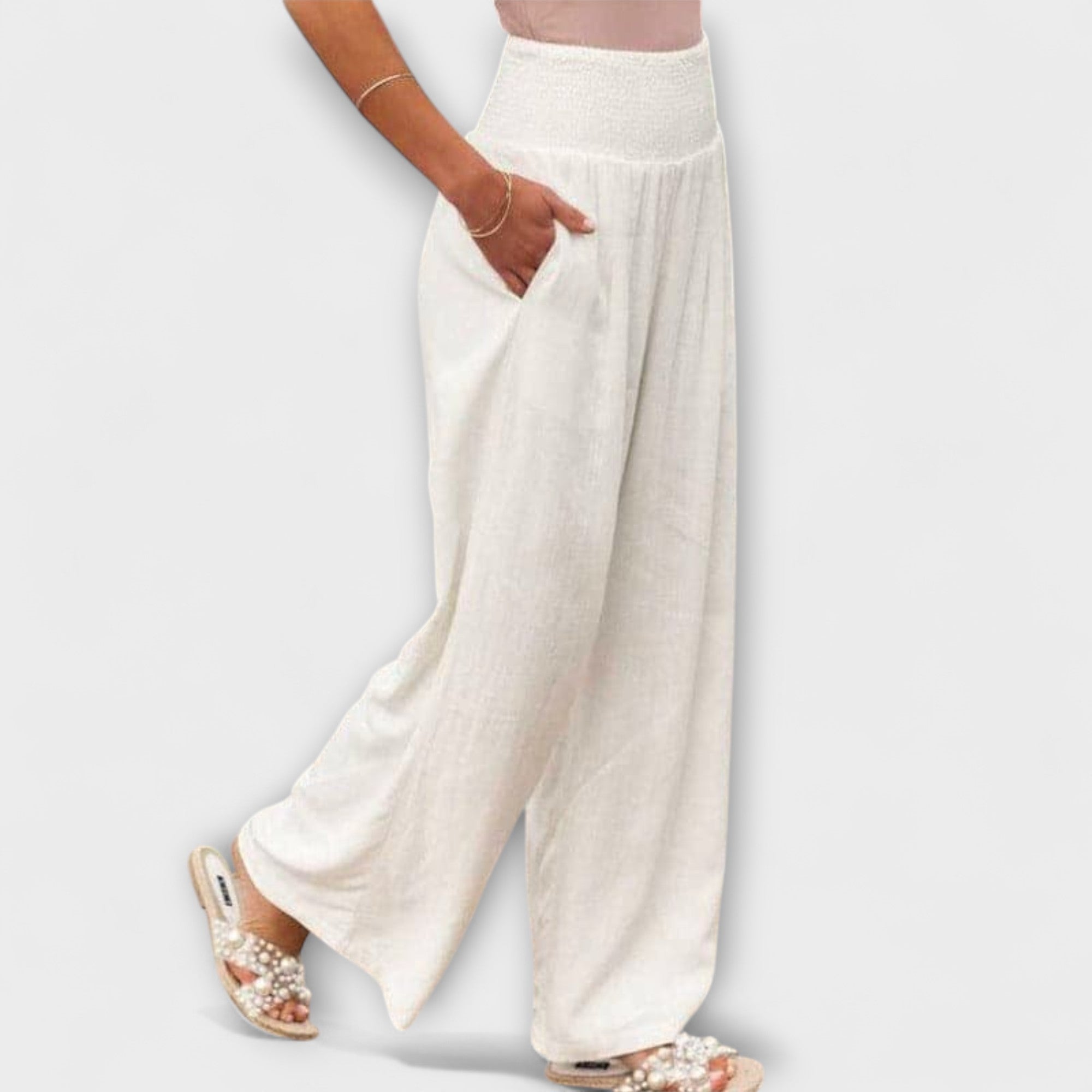 Women’s Wide Fit Trousers, Mid-Rise Waist, Cotton Linen Blend, Multiple Colors