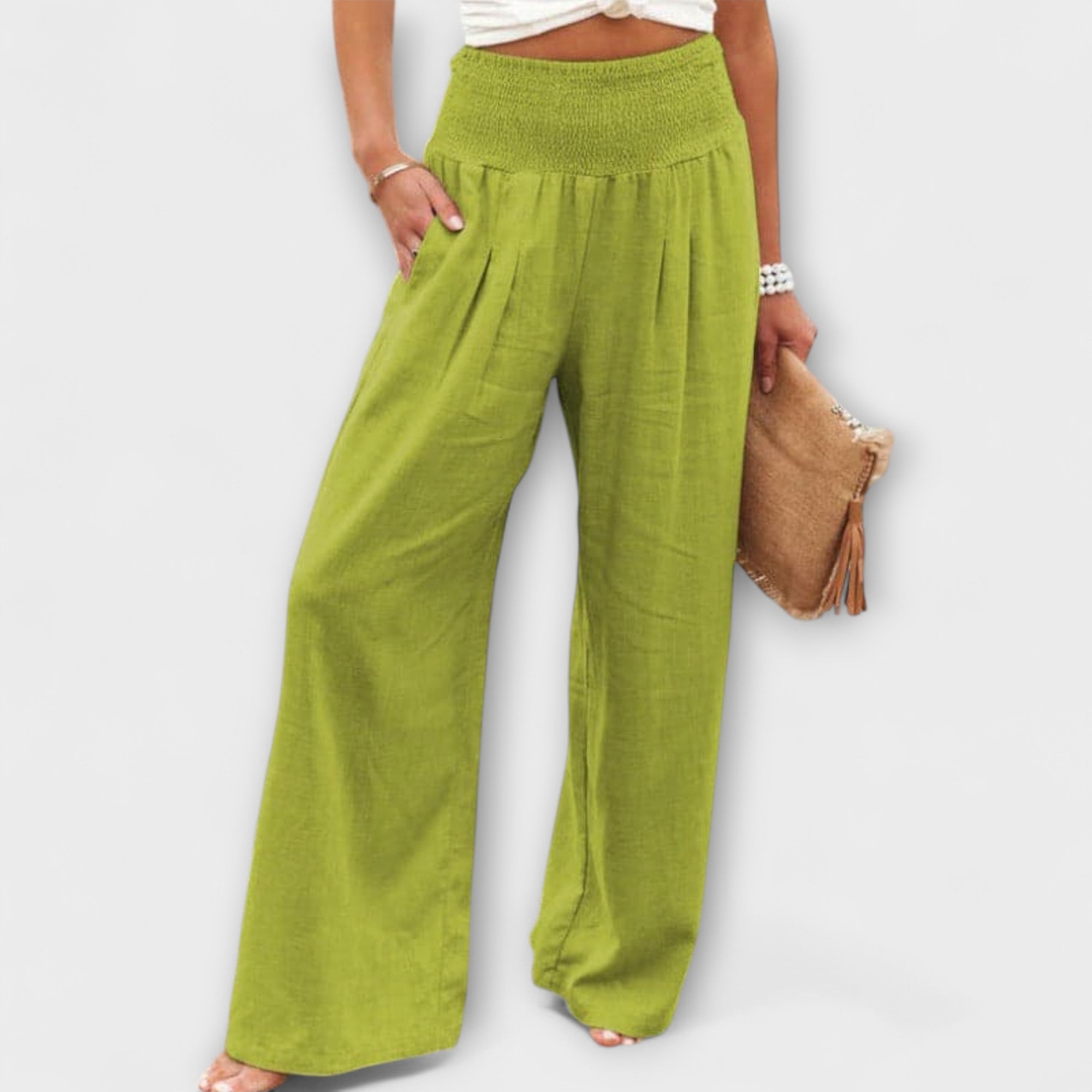 Women’s Wide Fit Trousers, Mid-Rise Waist, Cotton Linen Blend, Multiple Colors