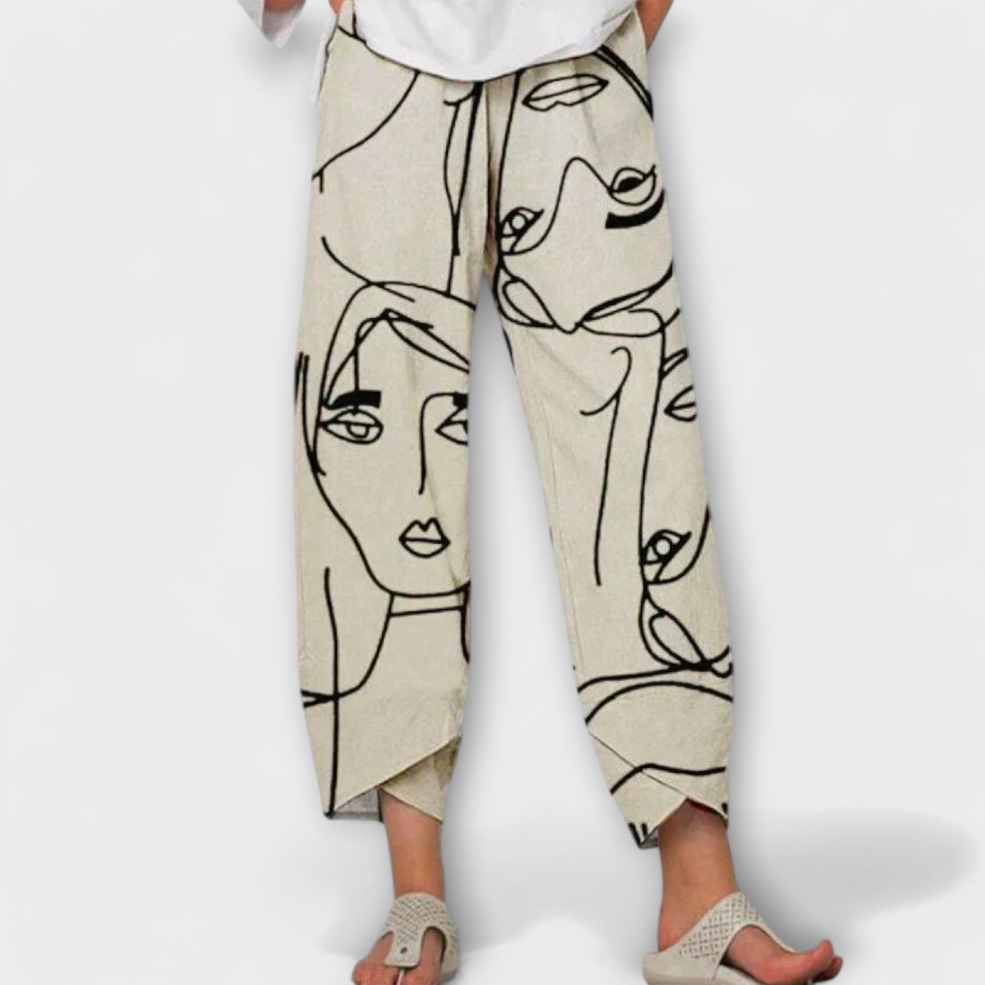 Women’s Wide-Leg Linen Trousers, Beige, Comfortable Fit, Artistic Facial Print