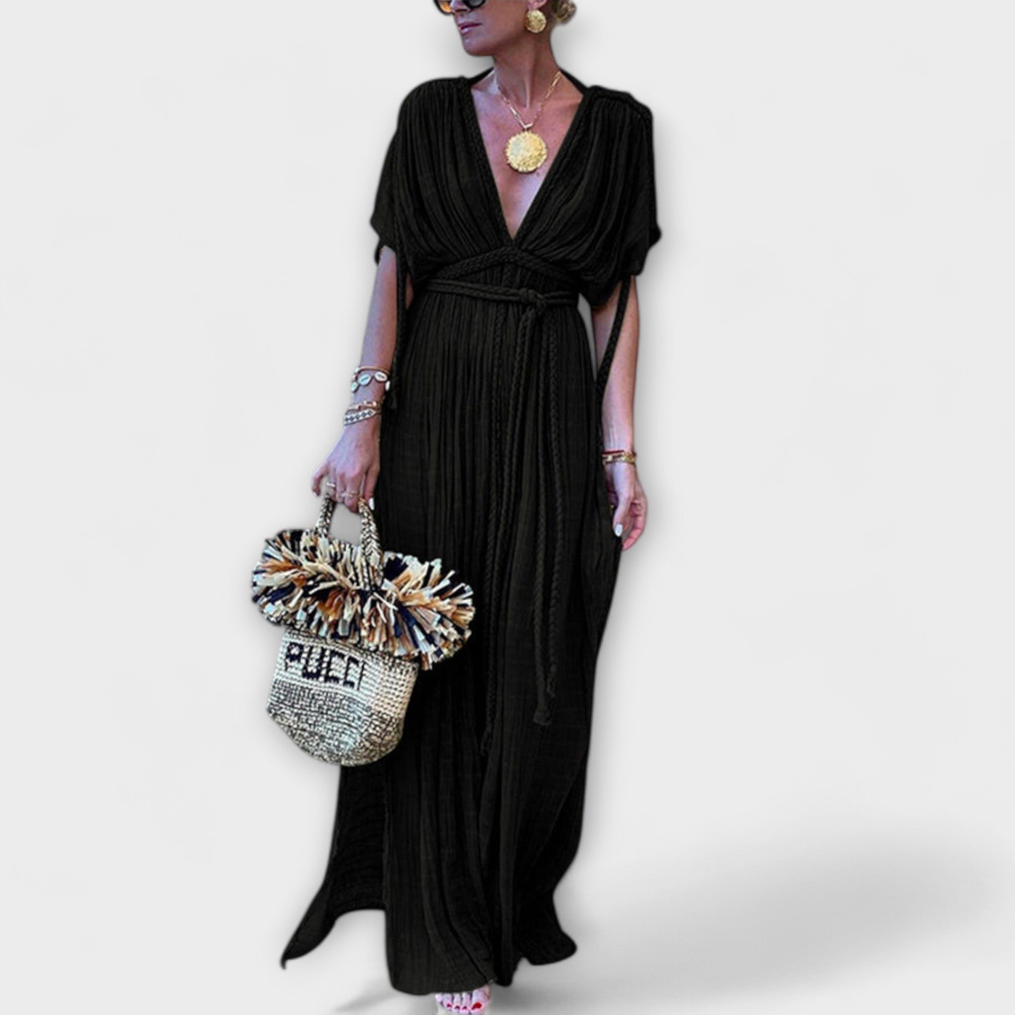 Women’s Wrap Dress, Sleeveless, V-Neck, High Waist Fit, Shoulder Ties, Bow Detail, Greek-Inspired Design