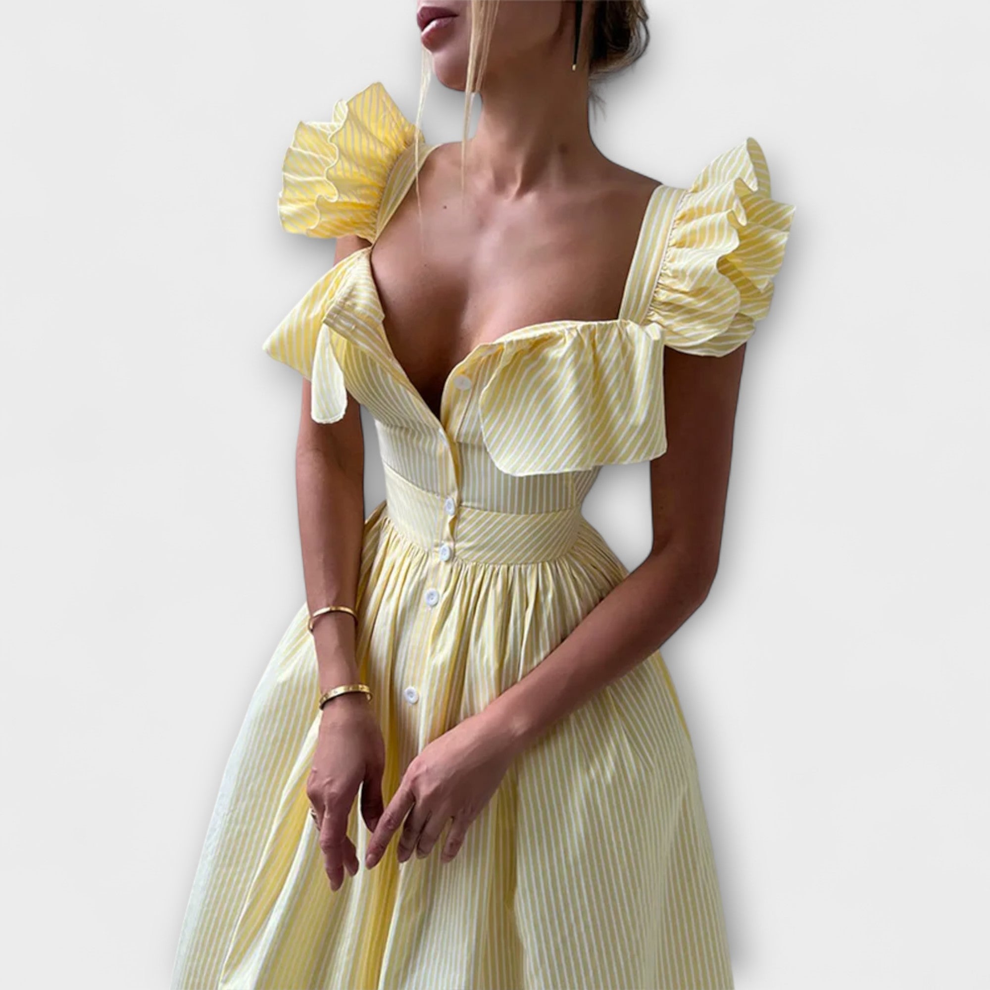 Women’s Yellow and White Striped Midi Dress, Short Sleeve, Button Front, Fitted Bodice with Flared Skirt, Ruffle Accents