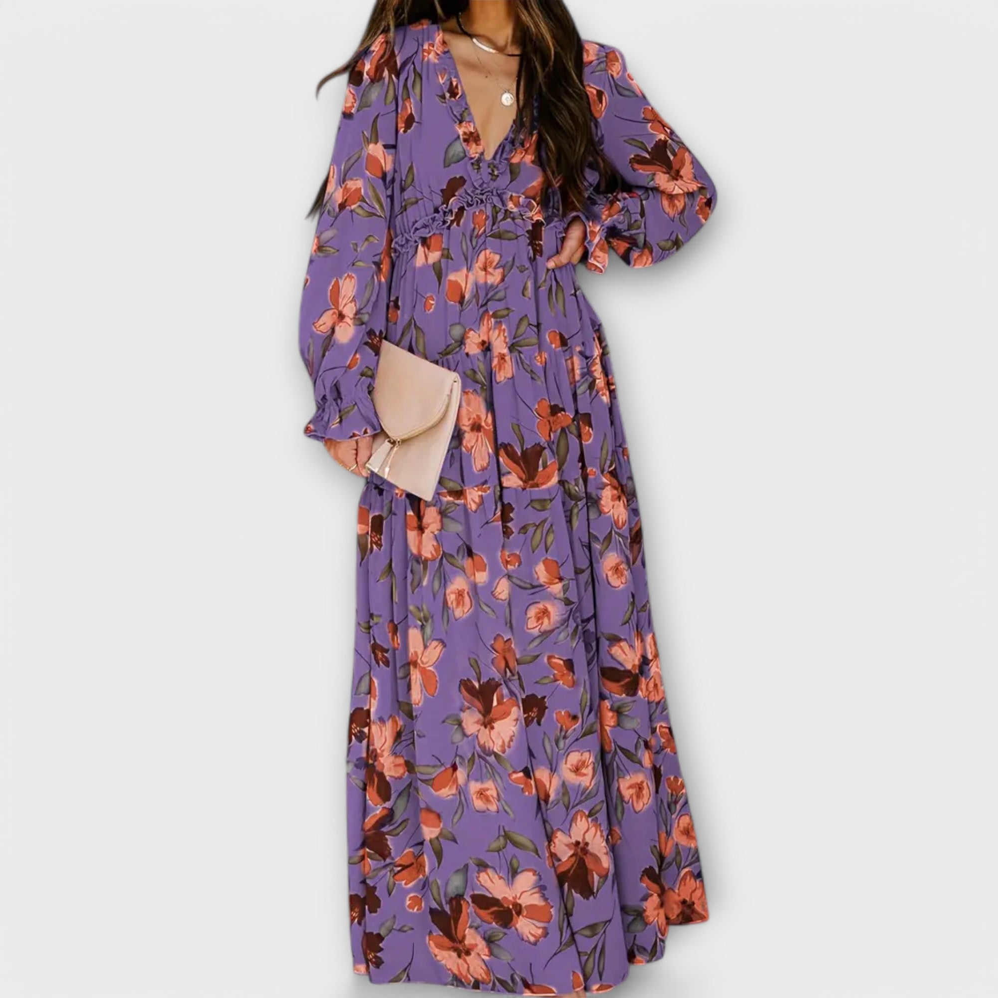 Women’s Maxi Dress, Floral Print, Long Sleeve, V-Neck, Pleated Fabric