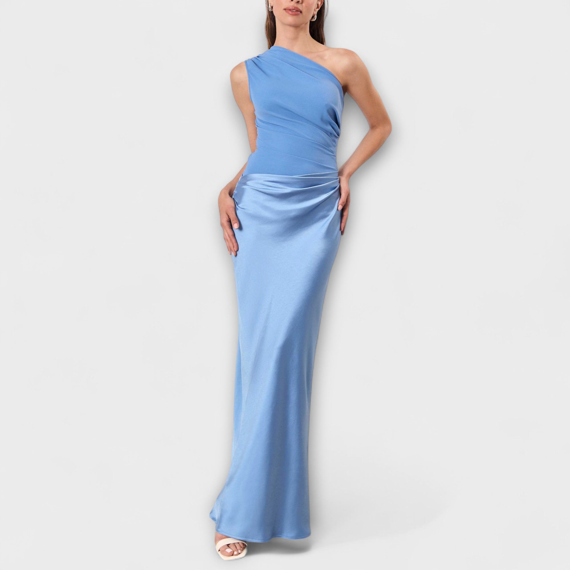 Women’s Maxi Dress, One-Shoulder Sleeve, Asymmetric Neckline, Pleated, Flowing Fit, Soft Fluid Fabric