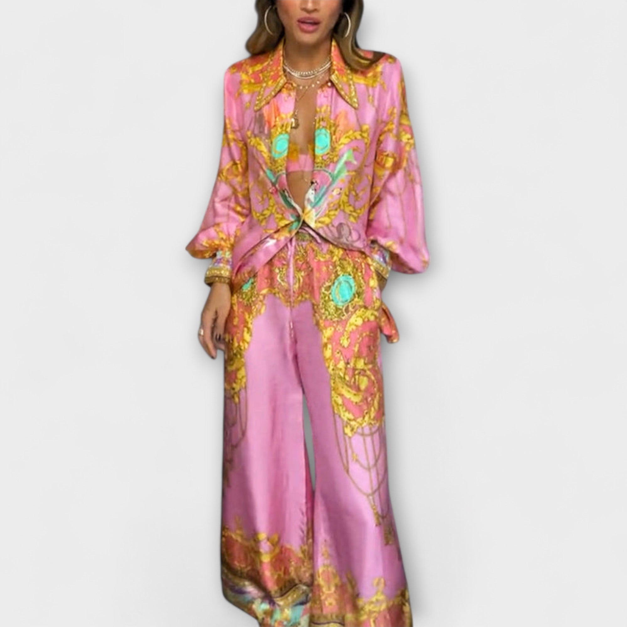 Women’s Maxi Dress, Tiger Print, Long Sleeve, Classic Collar, Loose Fit, Lightweight Polyester