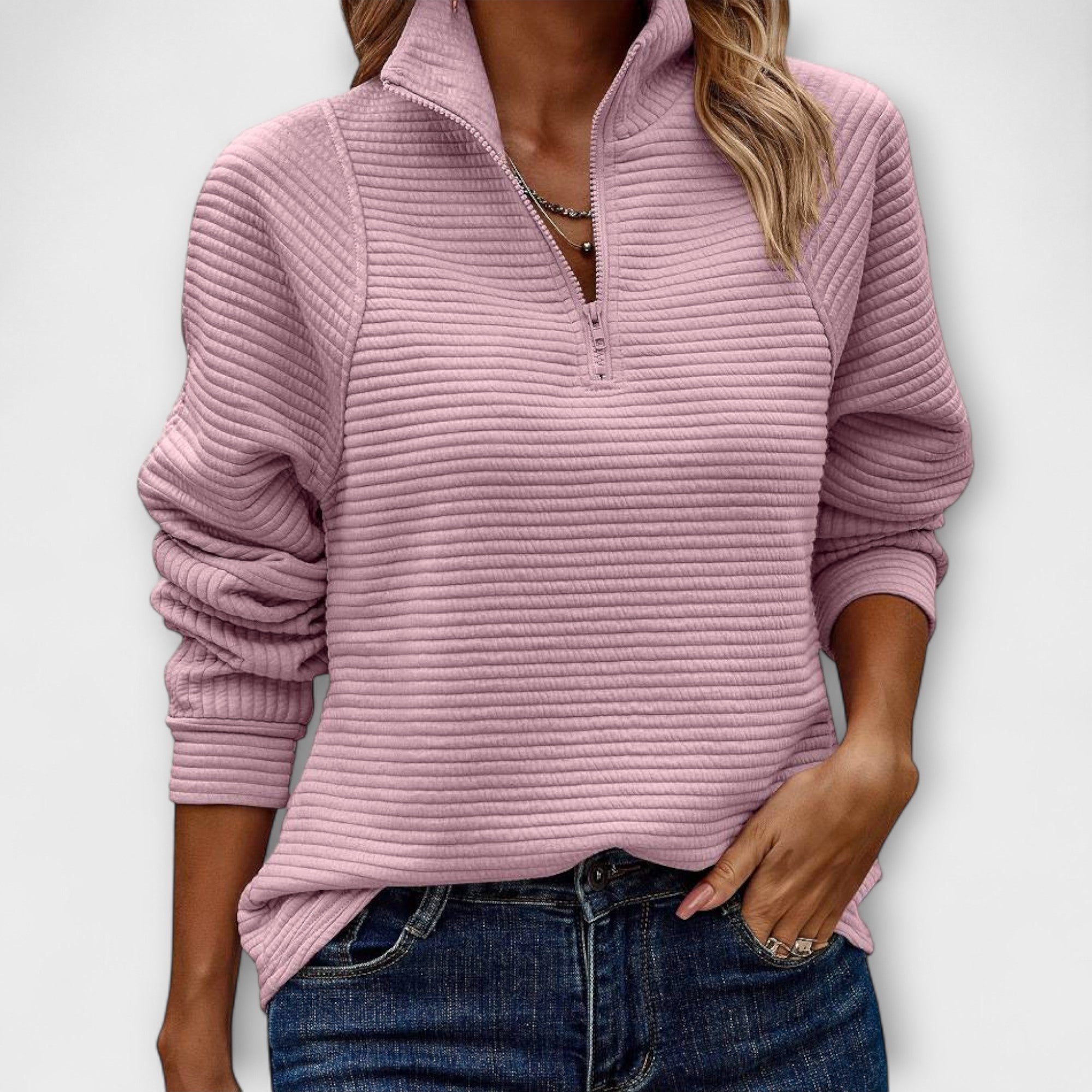 Women’s V-Neck Pullover, Long Sleeve, Viscose Elastane, Flexible Fit, Zip Detail
