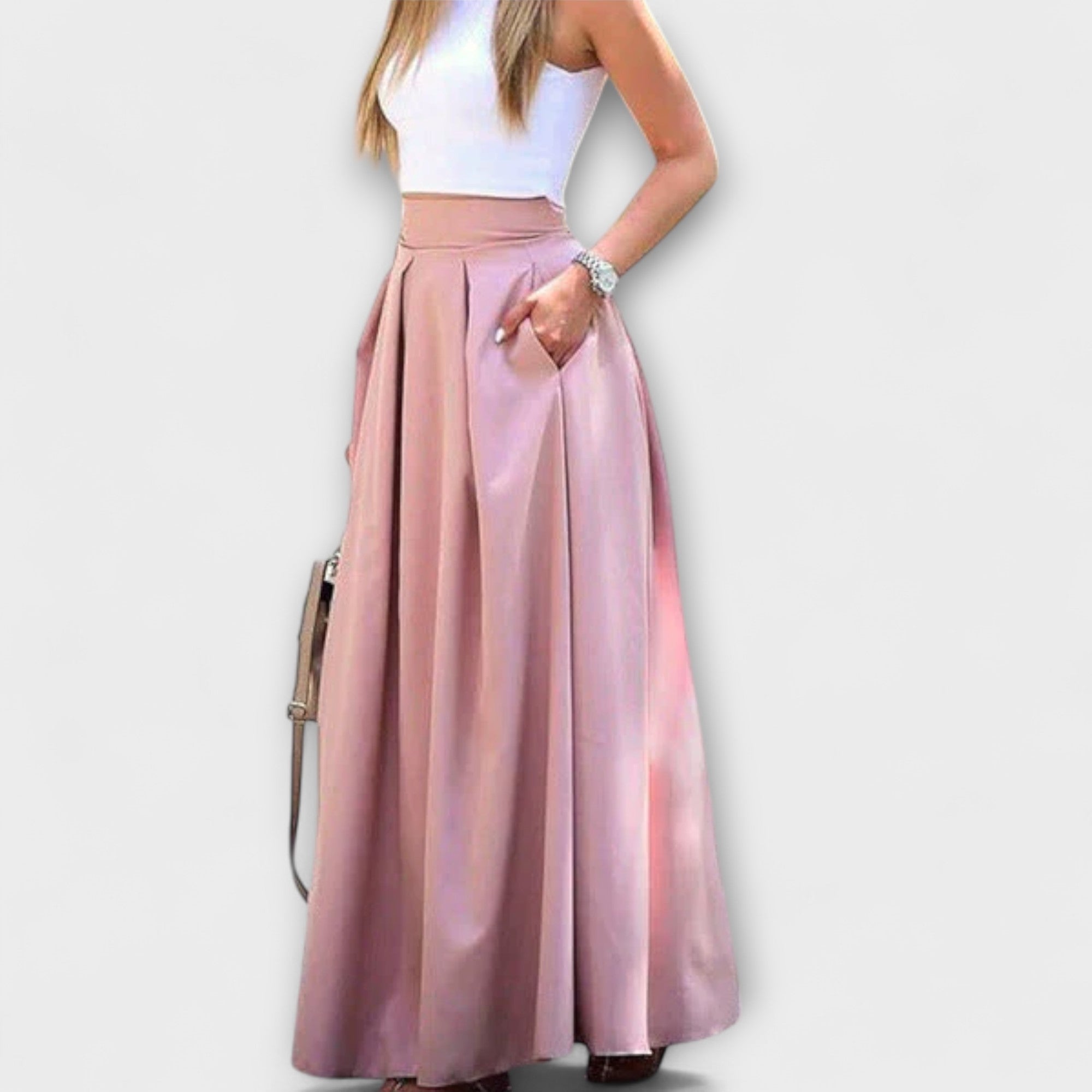 Women’s Maxi Skirt, High Waist Fit, Pleated A-Line Silhouette, Blend Material, Side Pockets, Stain-Resistant Fabric