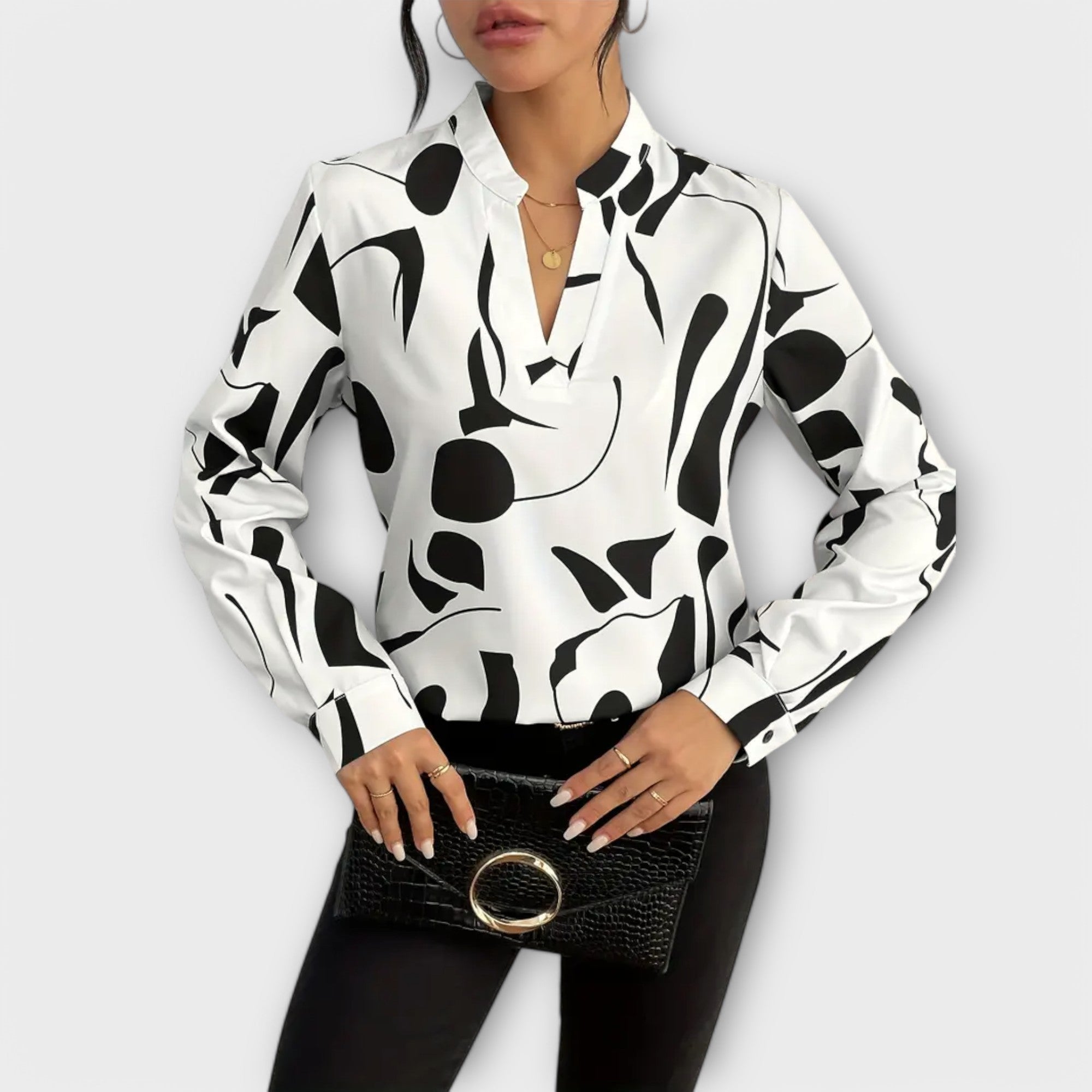 Women’s Blouse, Beige with Black Geometric Pattern, Long Sleeve, V-Neck, Lightweight Polyester, Versatile Fit