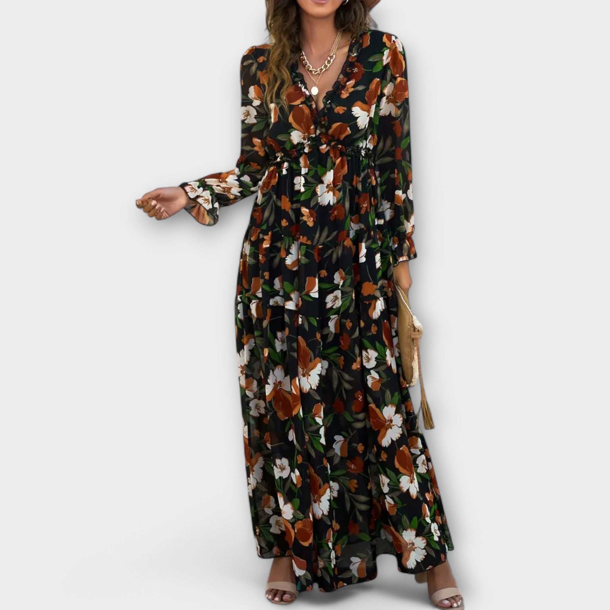 Women’s Maxi Dress, Floral Print, Long Sleeve, V-Neck, Pleated Fabric