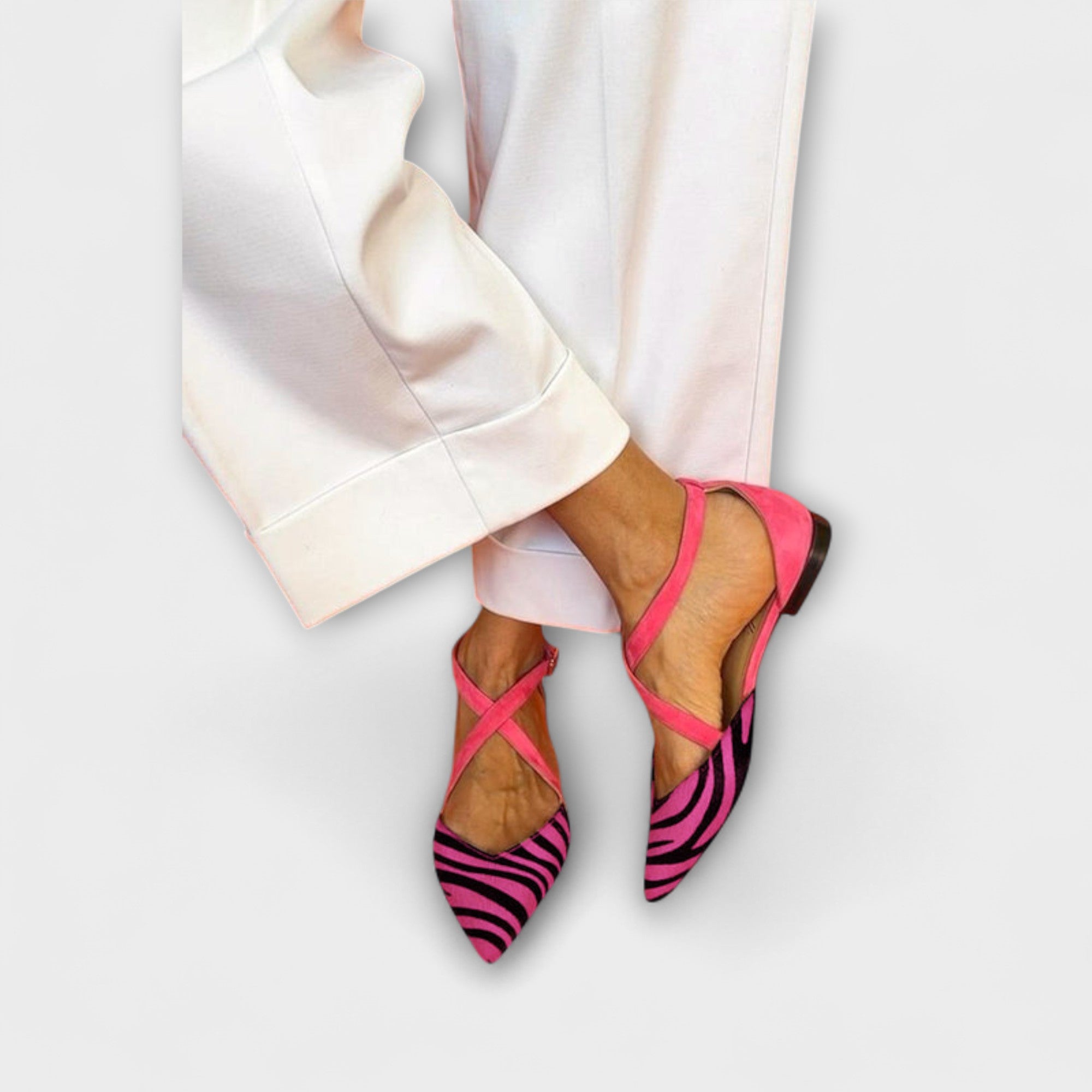 Women’s Ballet Flats, Pink Suede, Zebra Print, Pointed Toe, Criss-Cross Ankle Straps, Adjustable Buckle Closure