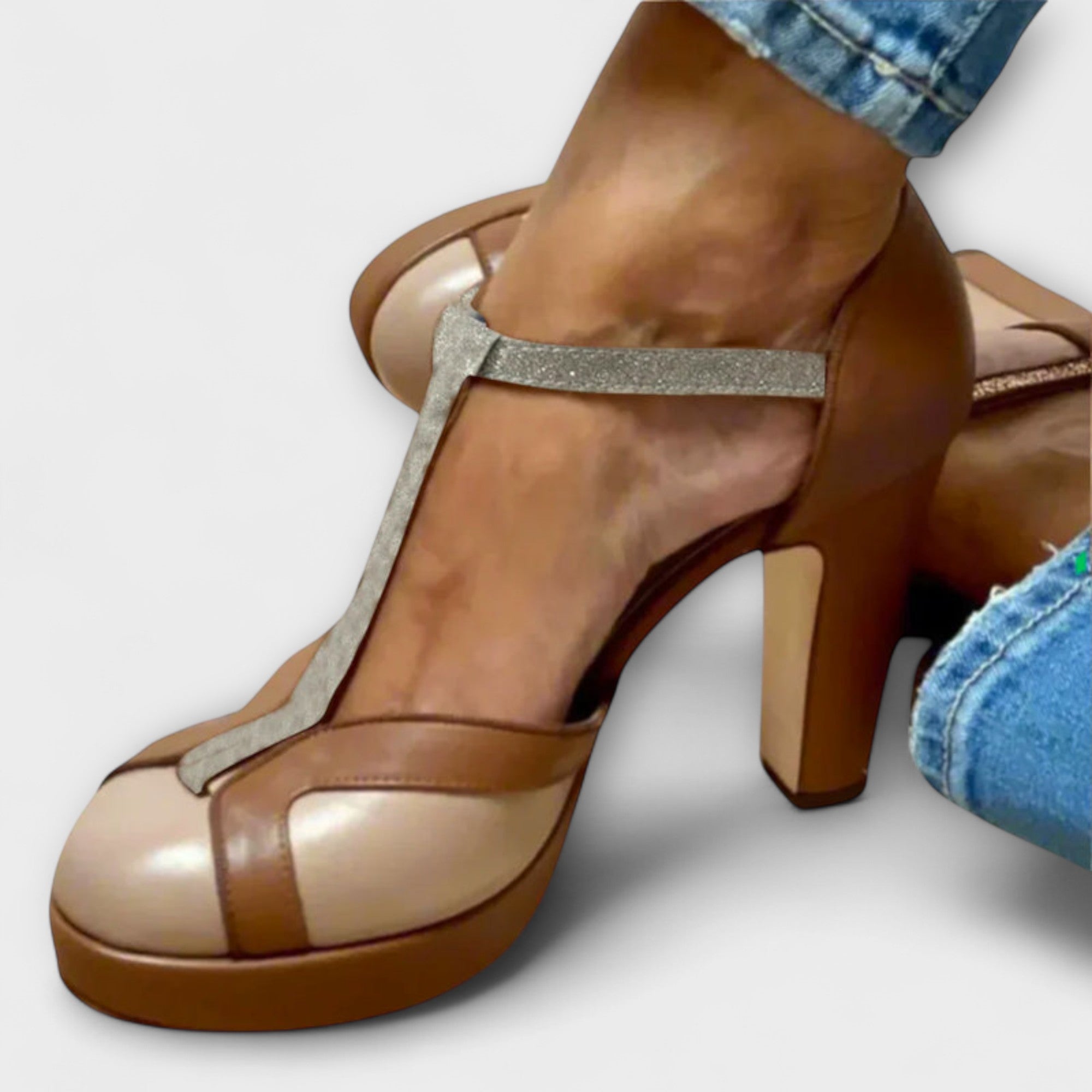 Women’s Heels, Neutral Vintage-Inspired T-Strap, Rounded Toe, Cushioned Platform, Block Heel