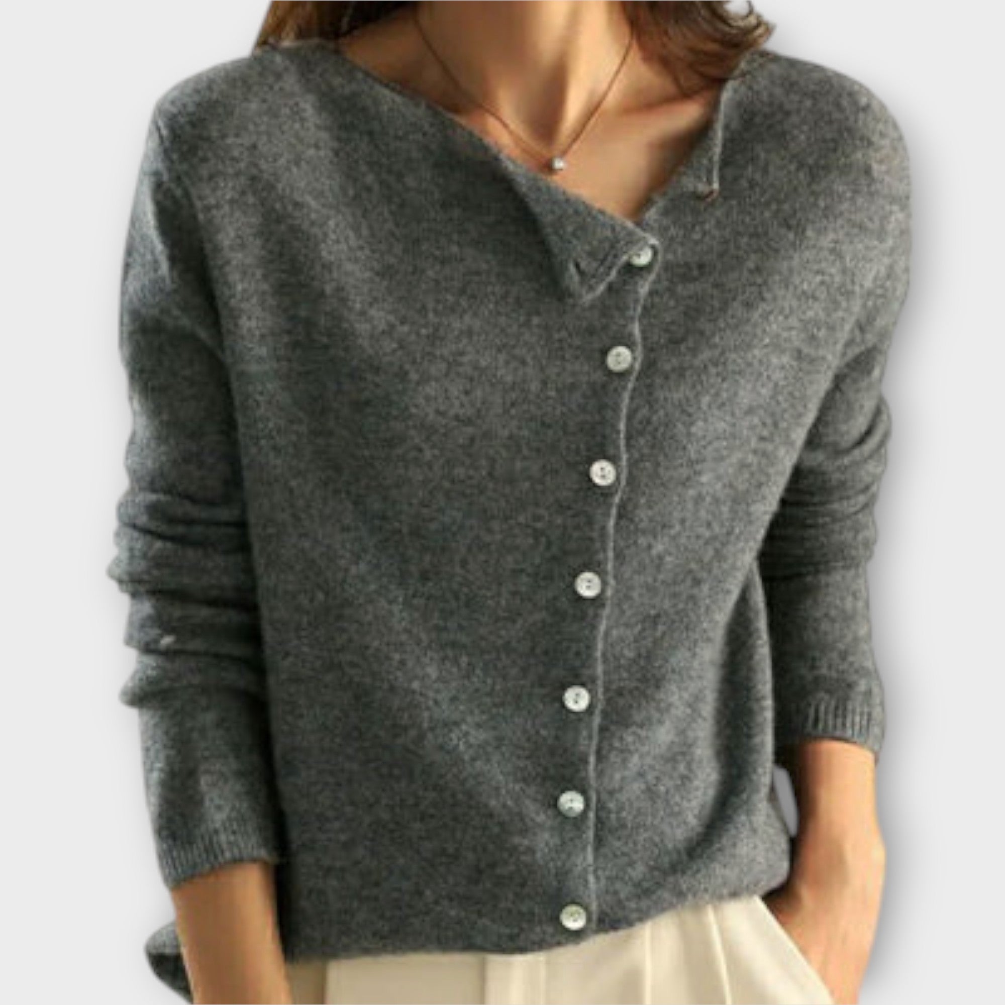 Women’s Knit Cardigan, Grey, Long Sleeve, Asymmetric Button Closure, Regular Fit, Polyester