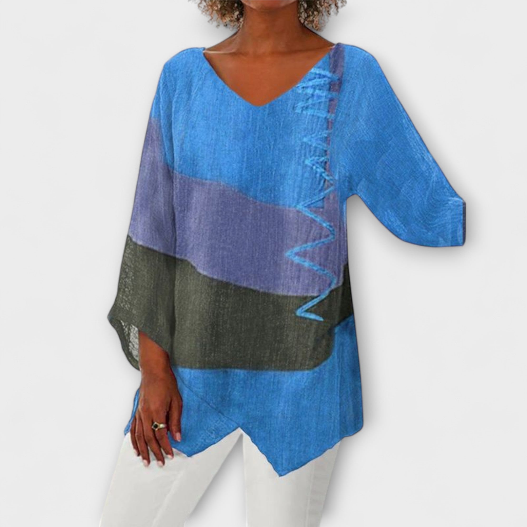 Women’s Sleeveless Tunic, Abstract Brushstroke Print, V-Neck, Relaxed Fit, Lightweight, Asymmetrical Hem