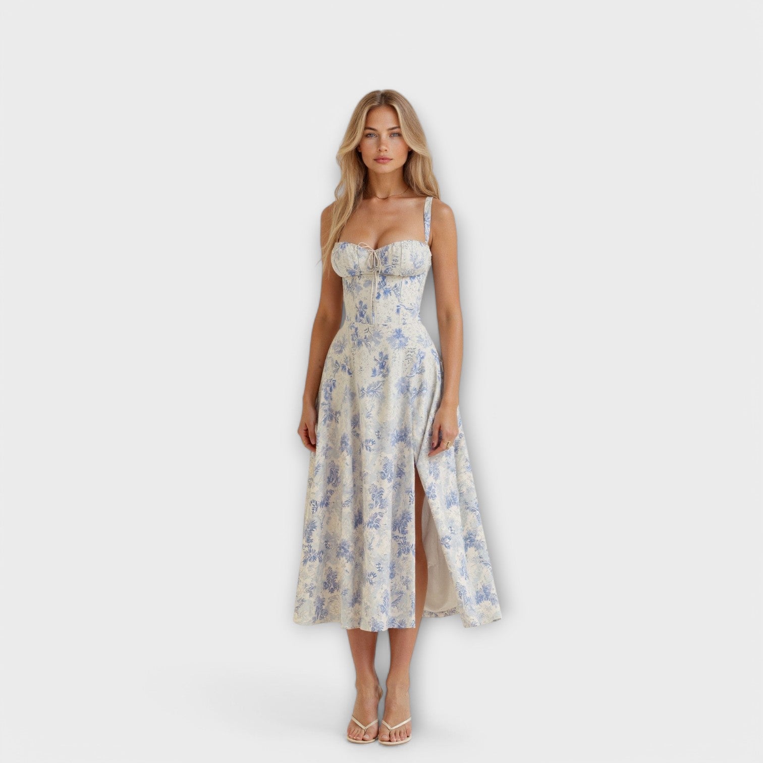 Women’s Midi Dress, Sleeveless, Fitted Corset Top, Soft Fabric, Flowing Skirt