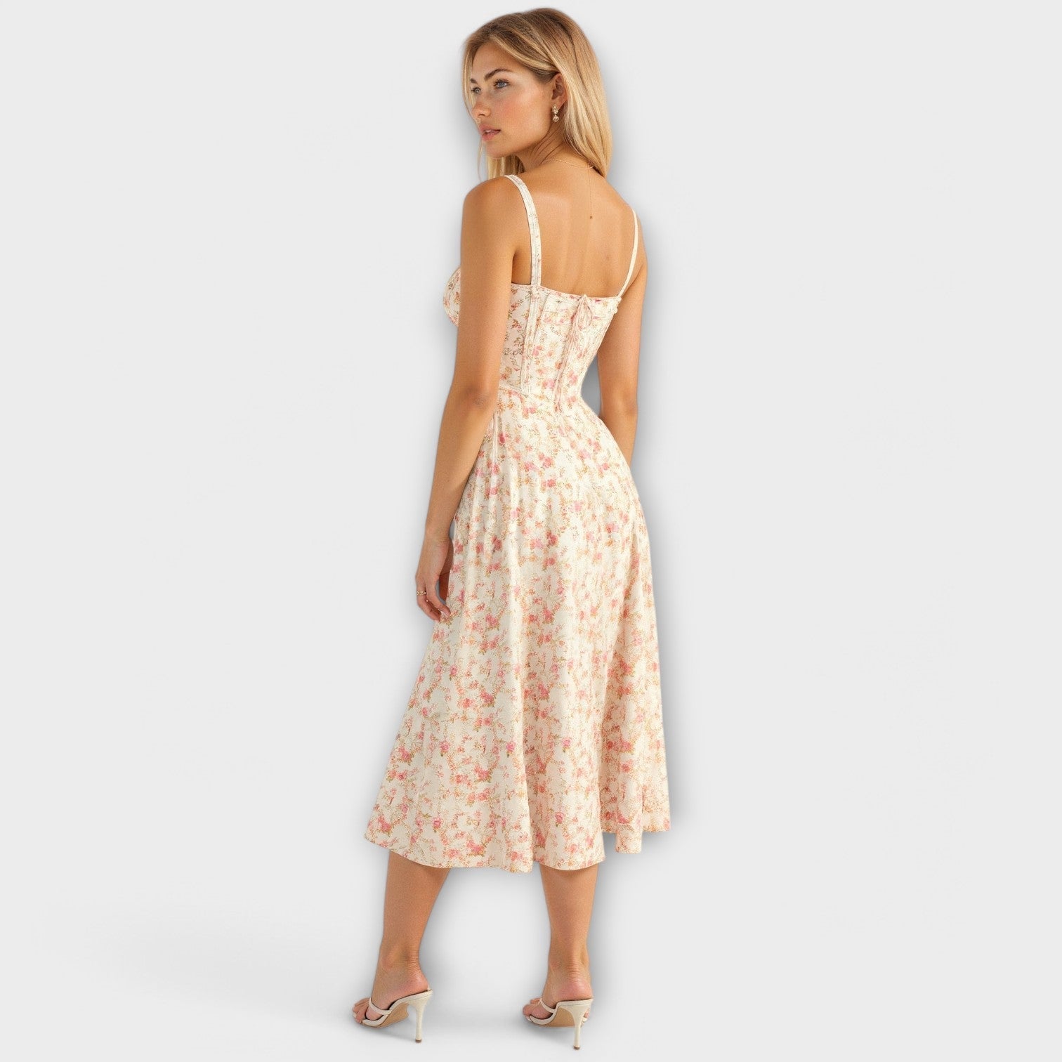 Women’s Midi Dress, Sleeveless, Fitted Corset Top, Soft Fabric, Flowing Skirt