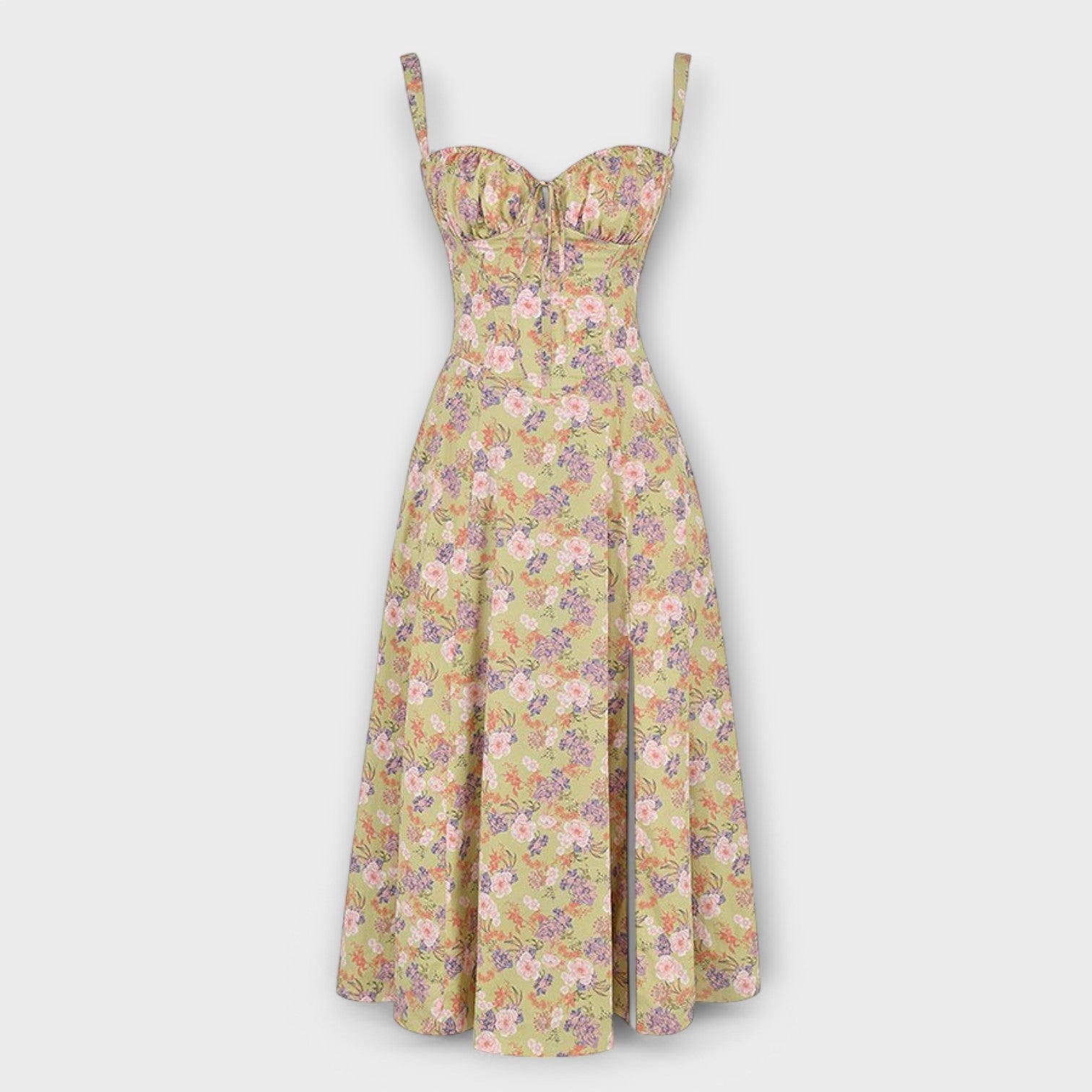 Women’s Midi Dress, Sleeveless, Fitted Corset Top, Soft Fabric, Flowing Skirt