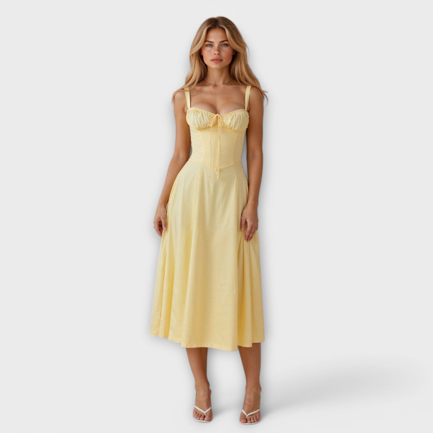 Women’s Midi Dress, Sleeveless, Fitted Corset Top, Soft Fabric, Flowing Skirt