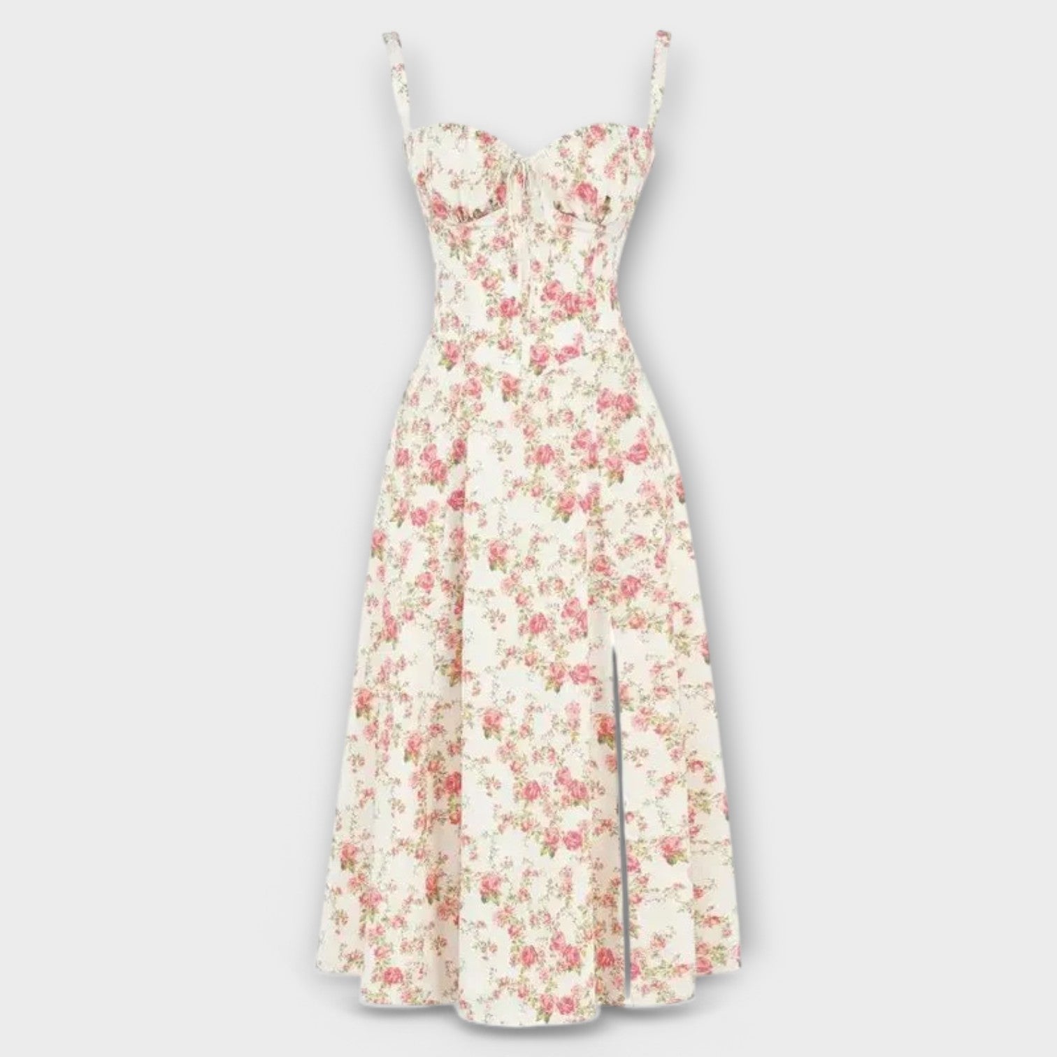 Women’s Midi Dress, Sleeveless, Fitted Corset Top, Soft Fabric, Flowing Skirt