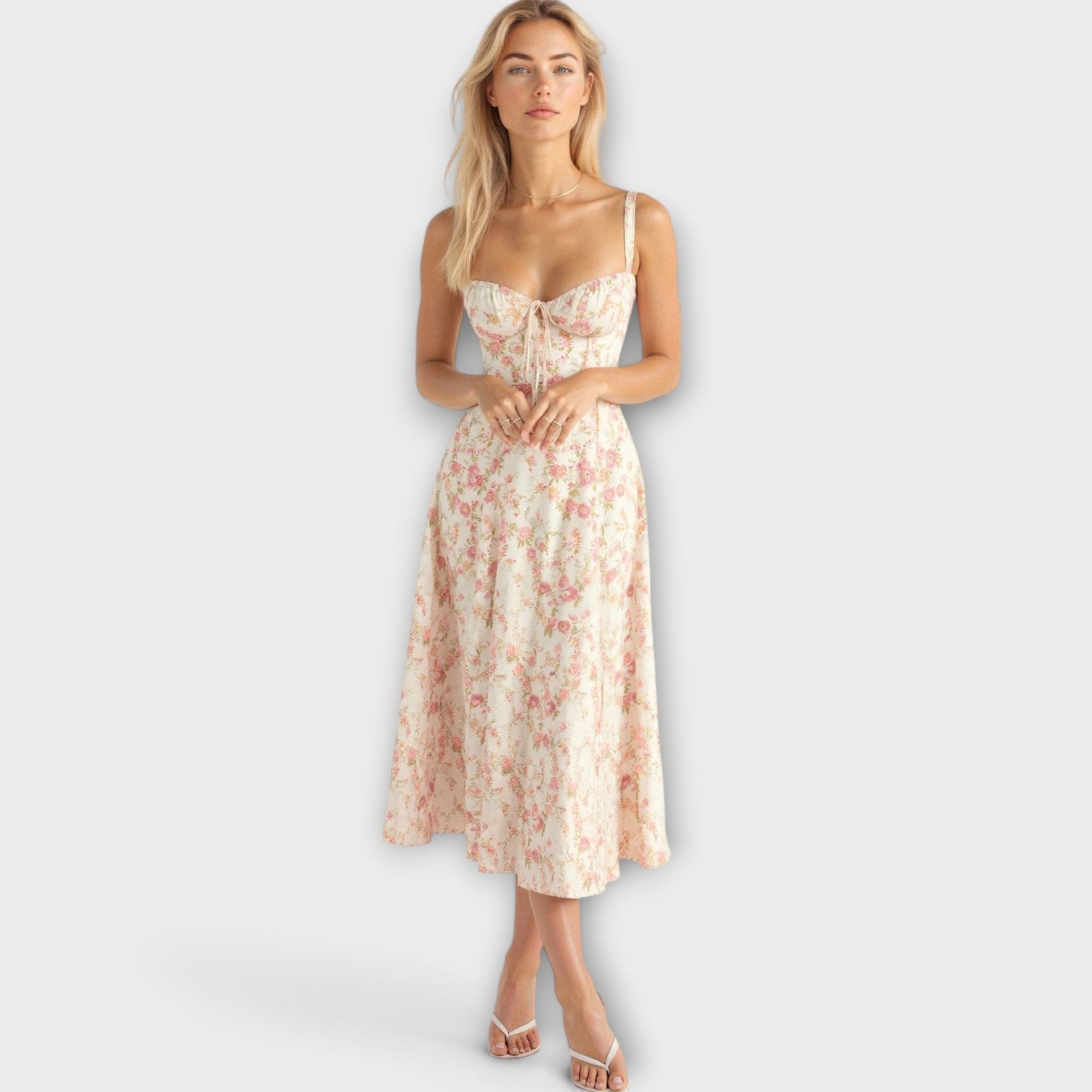 Women’s Midi Dress, Sleeveless, Fitted Corset Top, Soft Fabric, Flowing Skirt