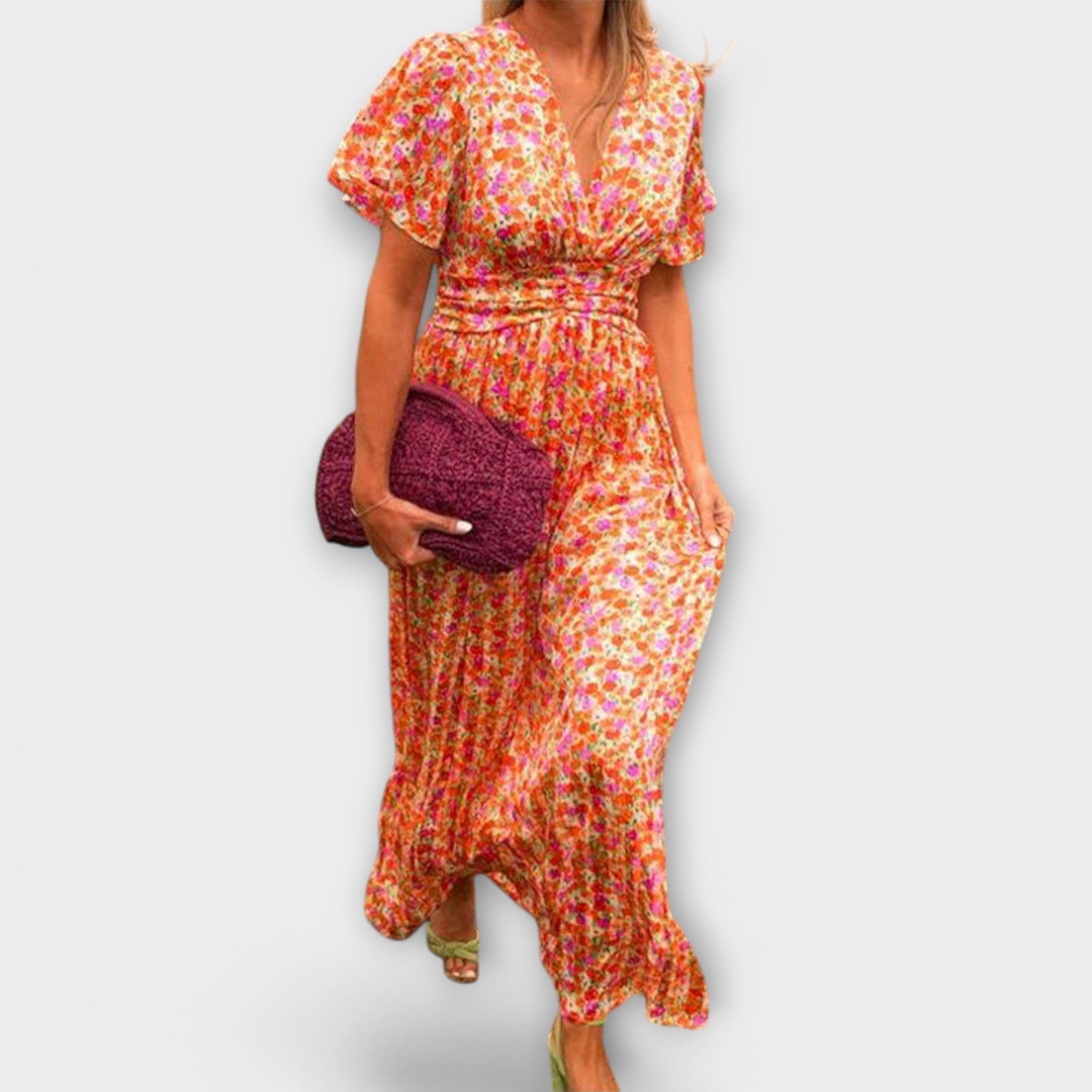 Women’s Floral Short Dress, V-Neck, Short Sleeve, Regular Fit, Breathable Fabric