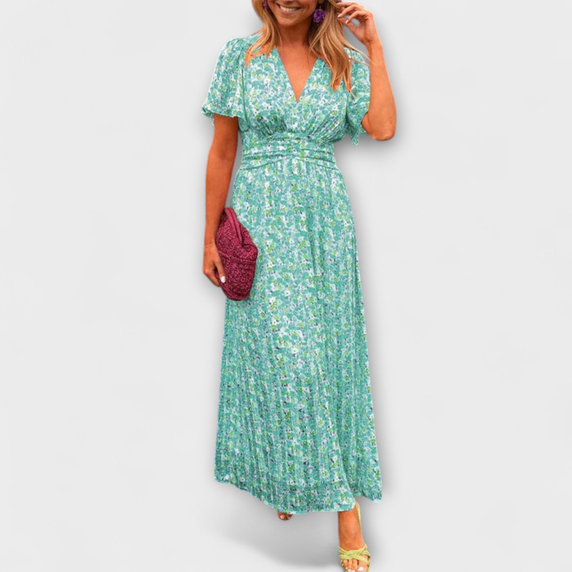 Women’s Floral Short Dress, V-Neck, Short Sleeve, Regular Fit, Breathable Fabric