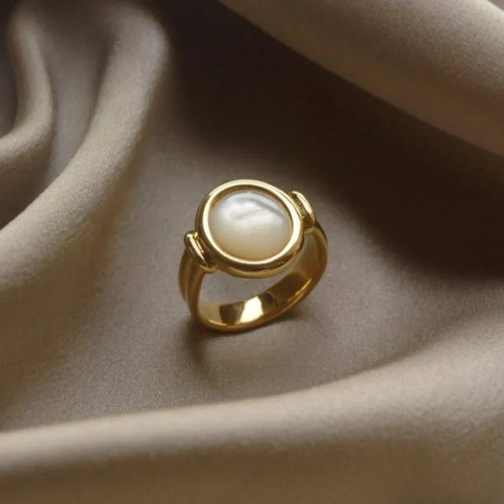 Women’s Pearl Ring, Polished Metal Finish, Elegant Timeless Jewelry Accessory