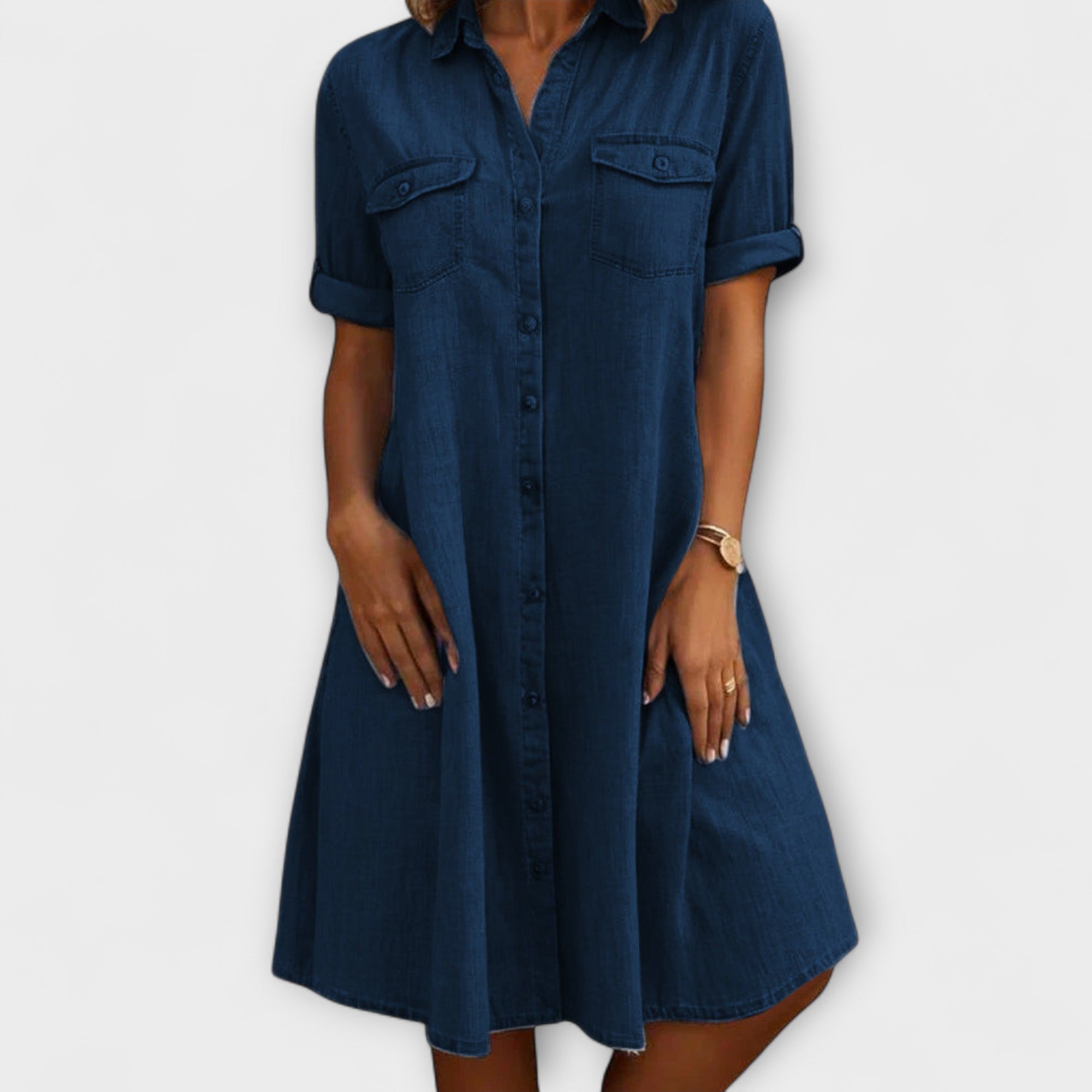Women’s Knee-Length A-Line Dress, Solid Color, Short Sleeves, Modest Neckline, Pockets, Buckle Detail