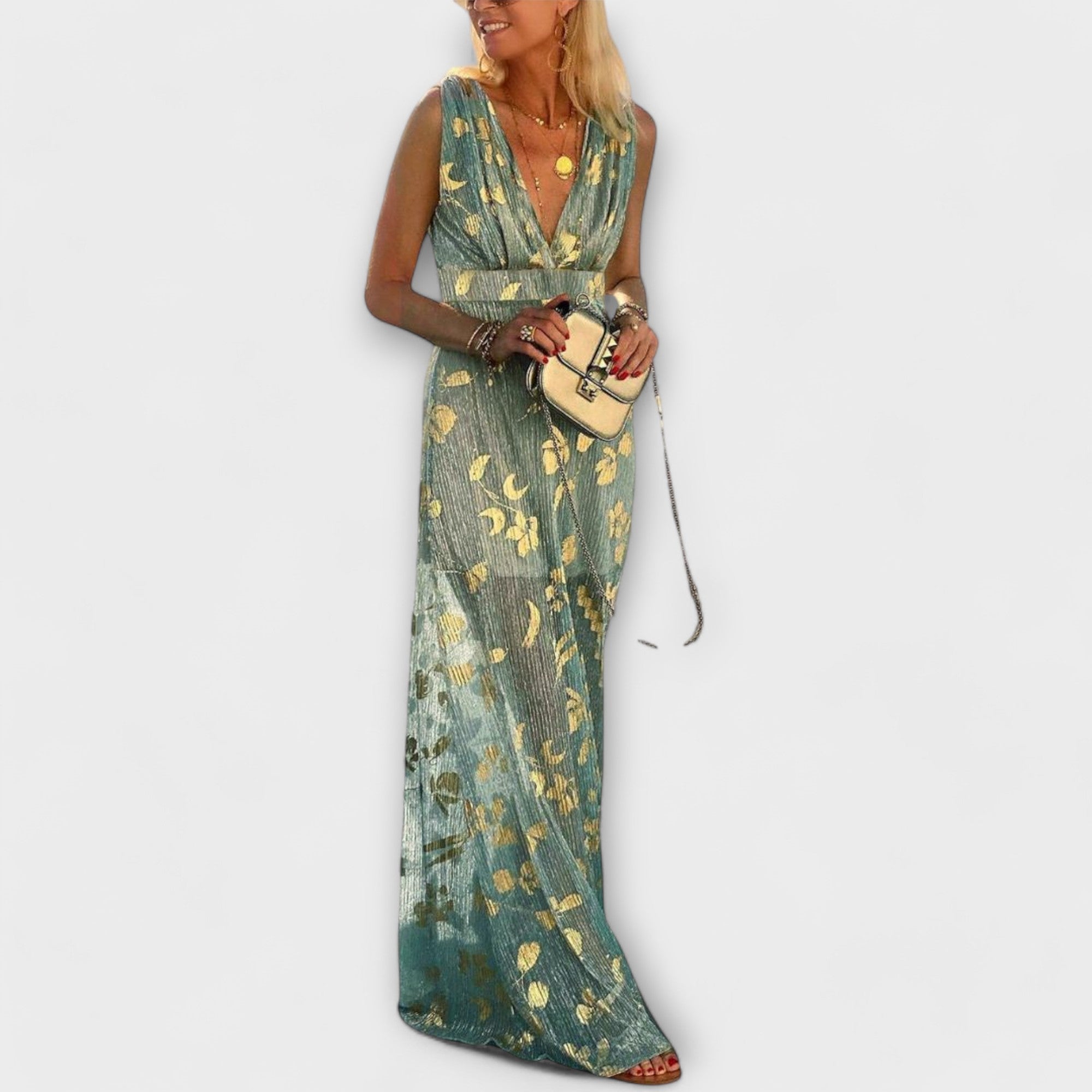 Women’s Sleeveless V-Neck Dress, Blue and Yellow, Relaxed Fit, Lightweight Breathable Fabric, Subtle Sequin Detail