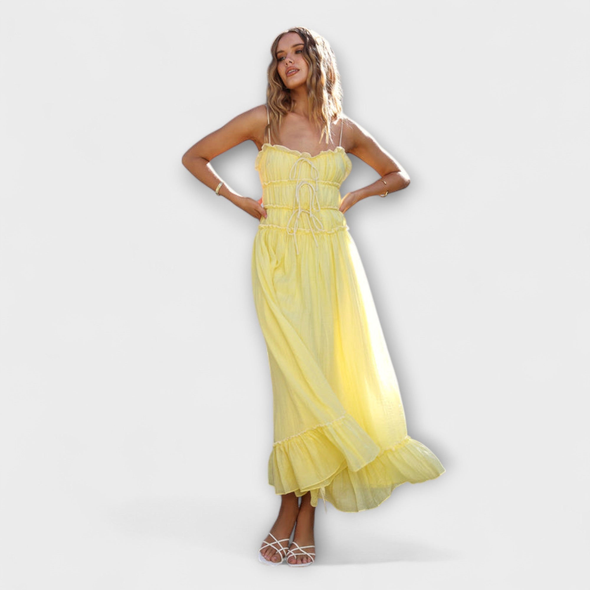 Women’s Sleeveless Top, Solid Color, Lightweight Stretch Fit, Tie Closure Neckline, Ruffle Detail