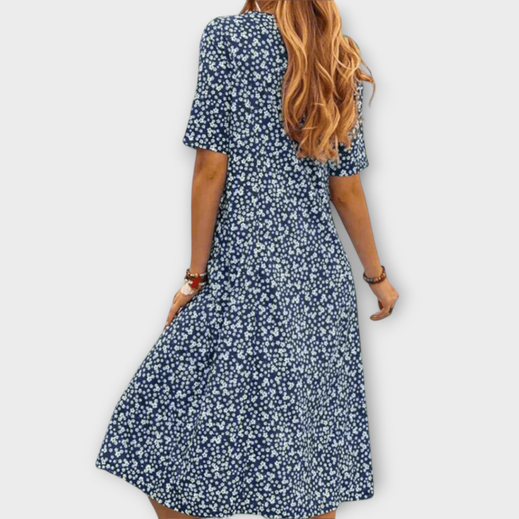 Women’s Lightweight Floral Dress, Short Sleeve, V-Neck, Flowing Fit, Breathable Fabric