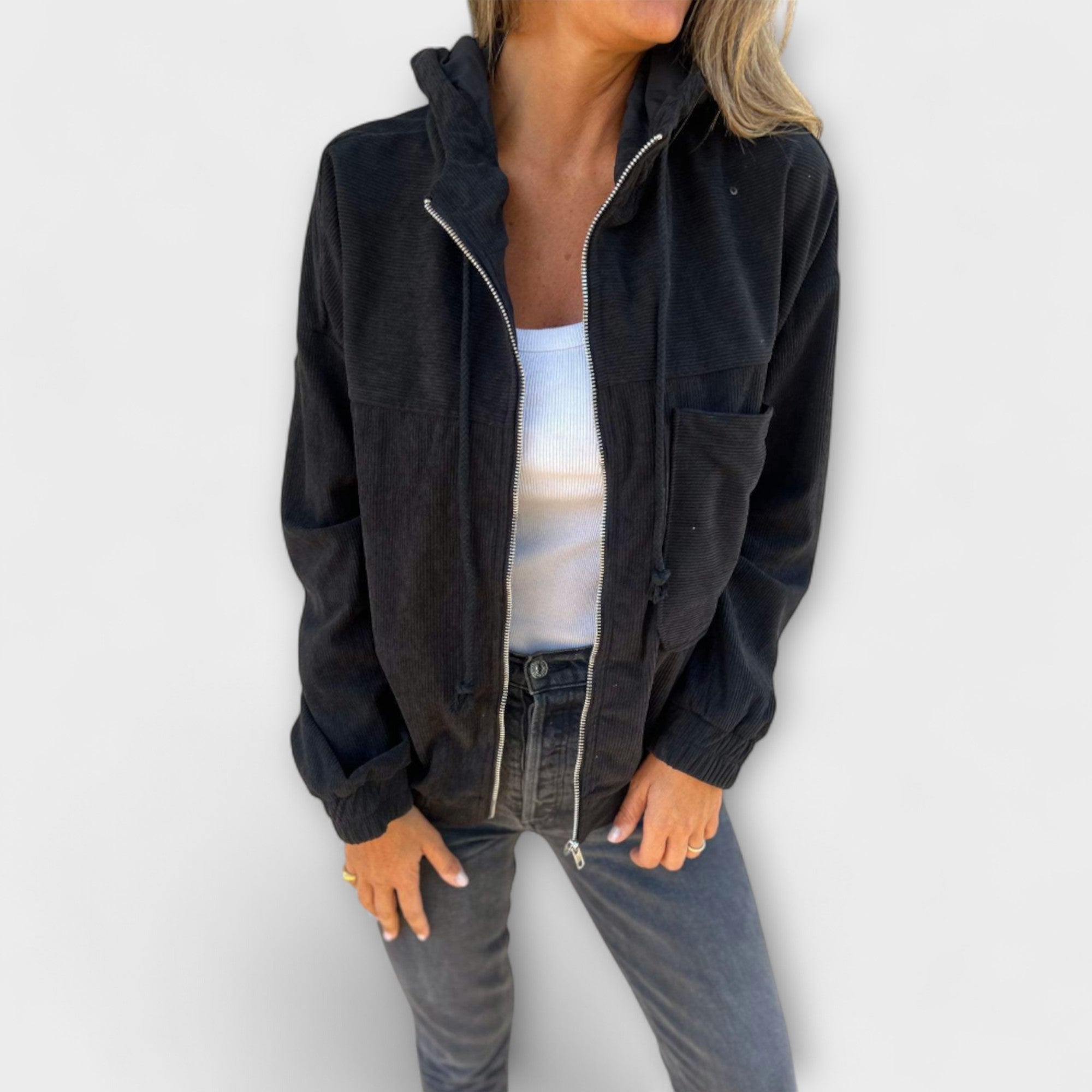 Women’s Cord Jacket, Hooded Neckline, Long Sleeve, Relaxed Fit, Soft Structured Cord Fabric, Zip Closure, Side Pockets